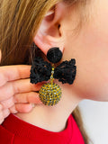 Rhinestone wrapped ball with velvet lace bowknot bonbon earrings, Black bow and gold sphere clip-on earrings, Knotty Bows gift for her