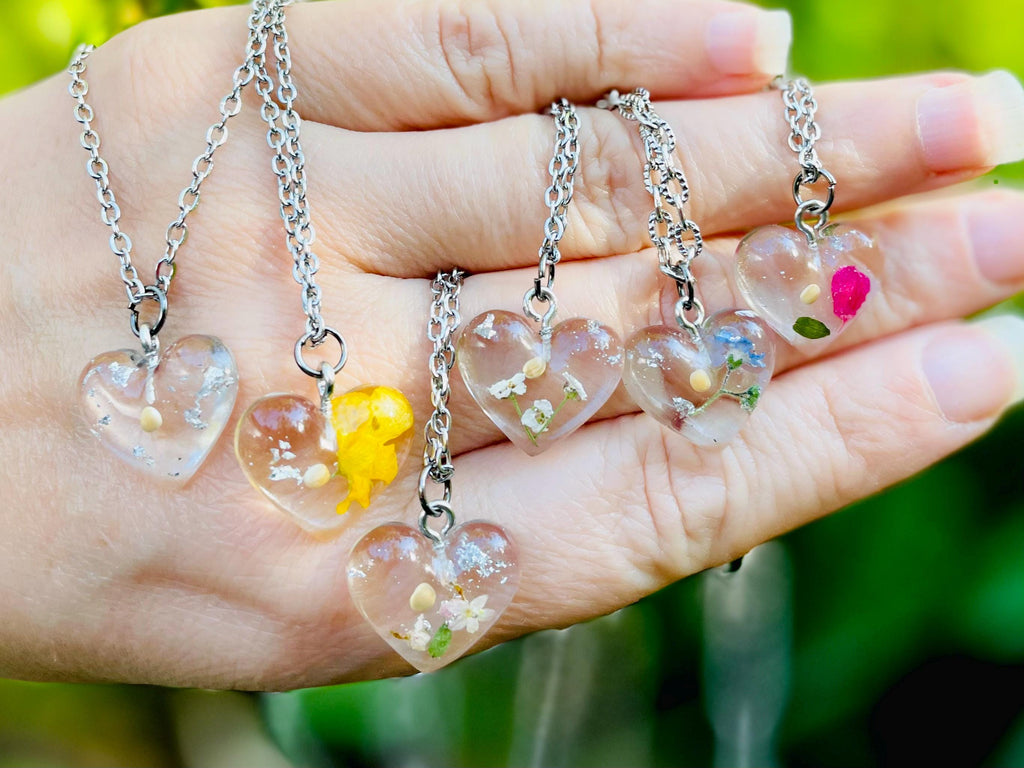 Personalized Heart Birth Flower Resin Pendant Necklace: Mustard Seed Faith Jewelry