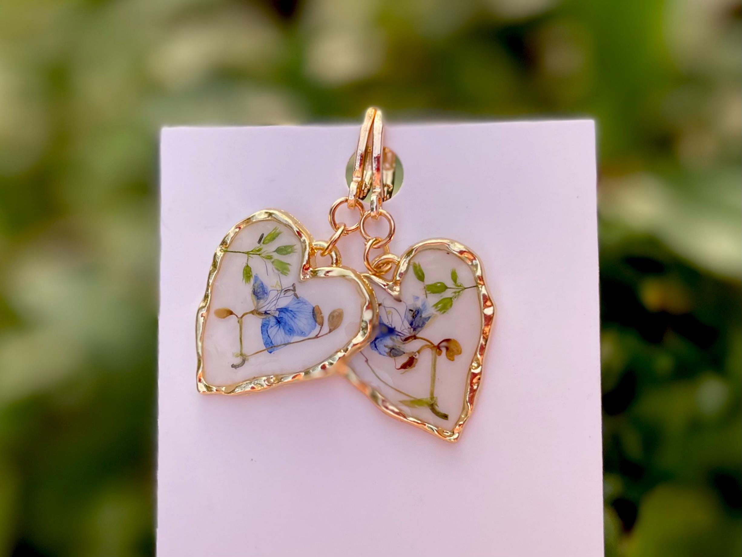 14k Gold Earrings Heart: Porcelain Like Huggie Earrings, Real Blue Flowers