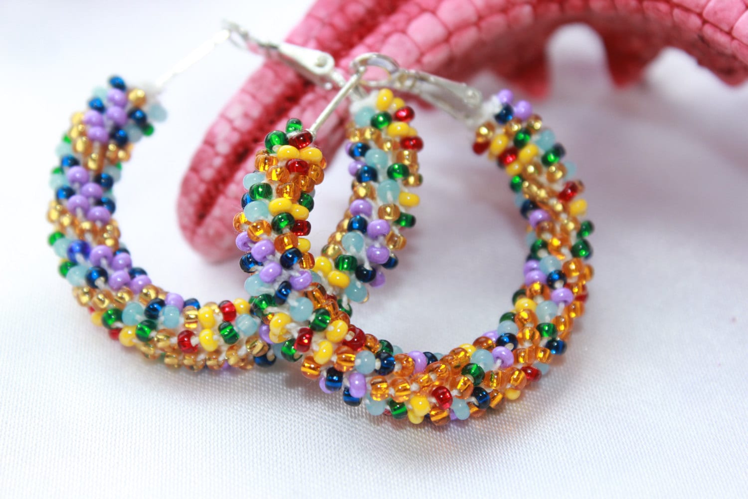 Multicolored hoop earrings beaded, Native American midi hoops girlfriend gift earrings, bridal shower gift lesbian earrings southwest design
