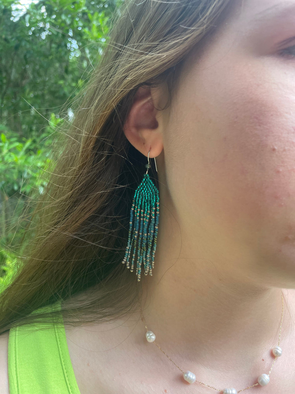 Sterling silver emerald green beaded earrings, Long earrings dangle, Fringe earrings Native American Seed bead earrings, Chandelier earrings