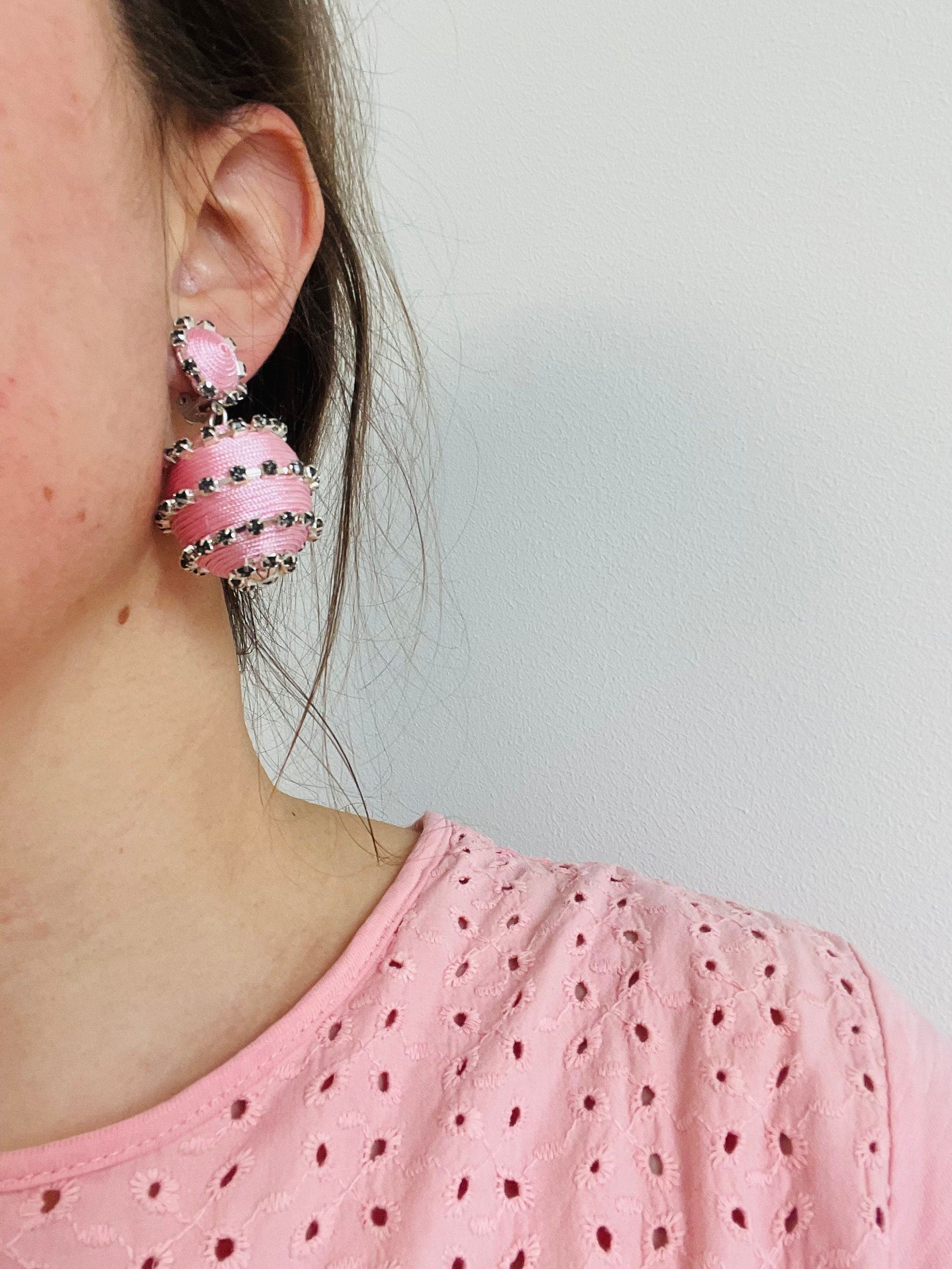 Rhinestone Disco Ball Drop Earrings: Gold Plated Clip On or Stud