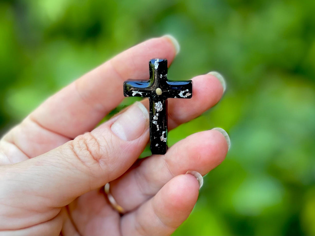 Black Cross Brooch for Men/Women: Mustard Seed Catholic Gift, 1.7 Inch