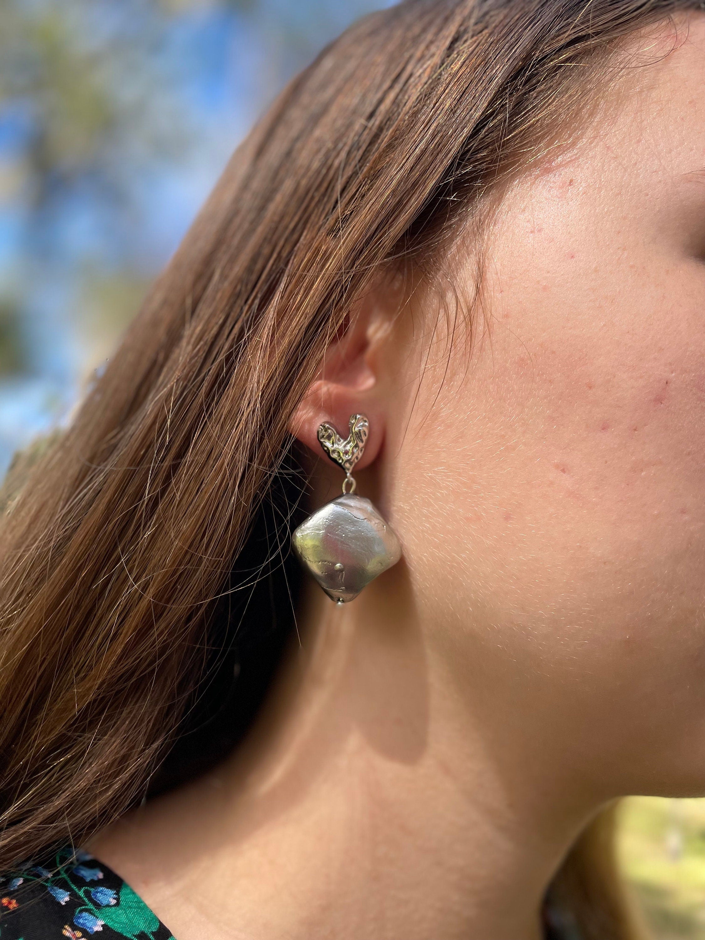 Puffed Heart Post Earrings baroque Pearl drop earrings silver unique birthday valentines day gift for her Minimalist Elegant Jewelry bridal