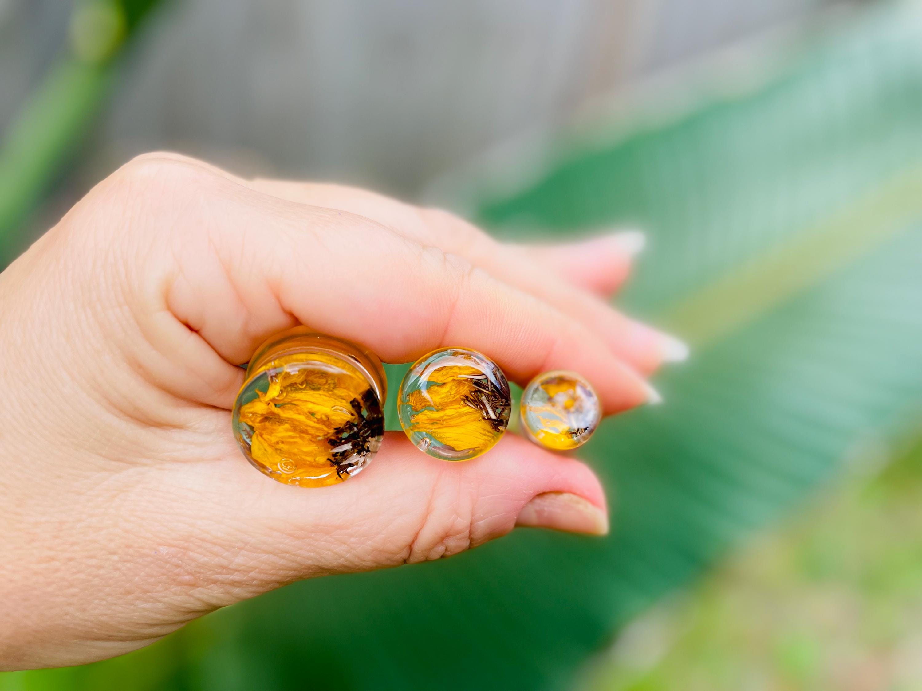 Real Sunflower Ear Plugs: Yellow Double Flared Gauges | Custom Birth Month Flower Nature Resin Plug Piercing