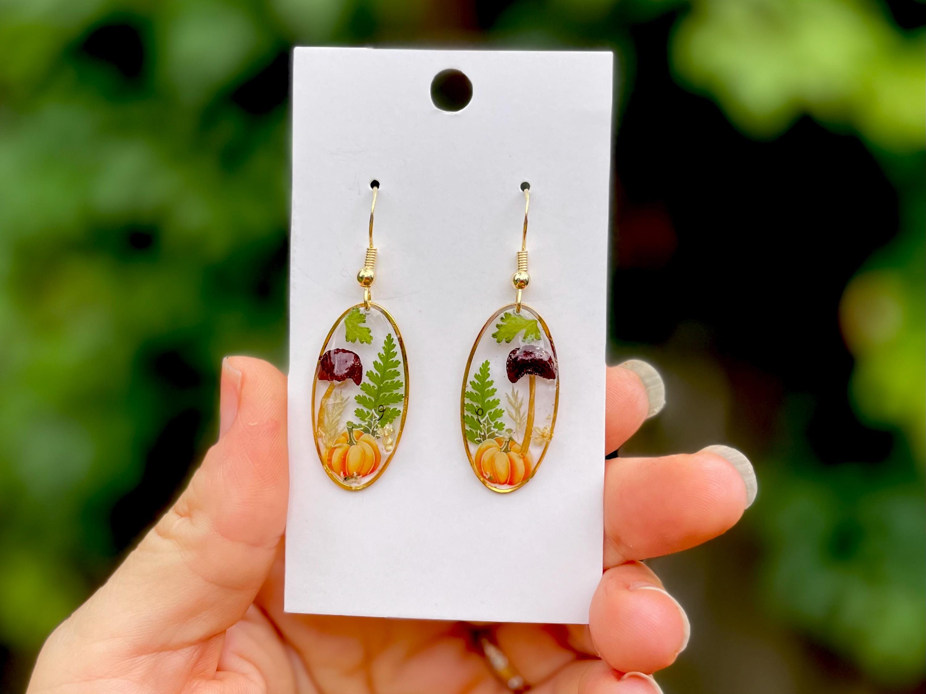 14K Gold Resin Dangle Earrings: Real Mushroom, Pumpkin, Fern & Flowers