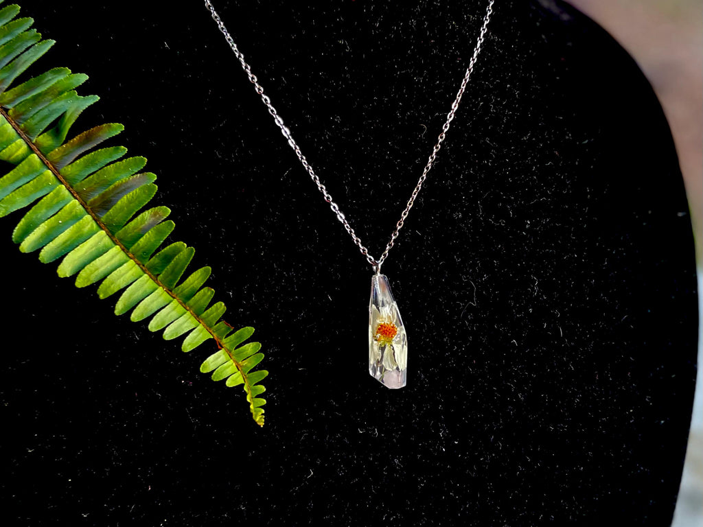 Real Daisy Birthstone Necklace: Pressed Flower Crystal Pendant