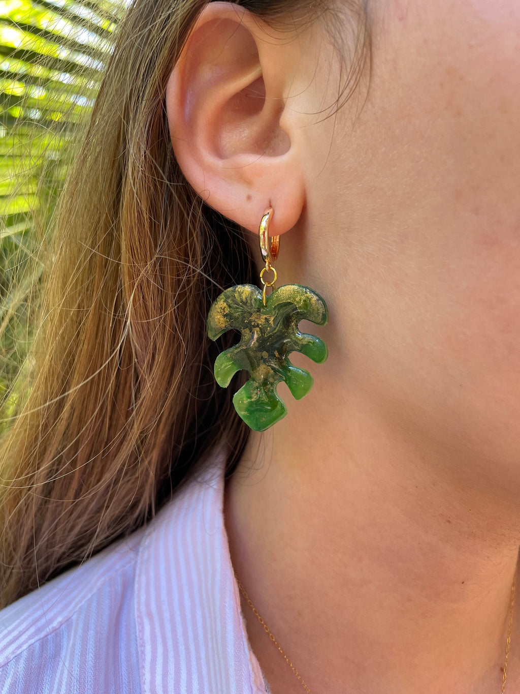Tropical Island Style Monstera Leaf Earrings, Gold Hoop huggie earrings Cool Summer Jewelry Beach Wedding Maximalist Polymer Clay Earrings