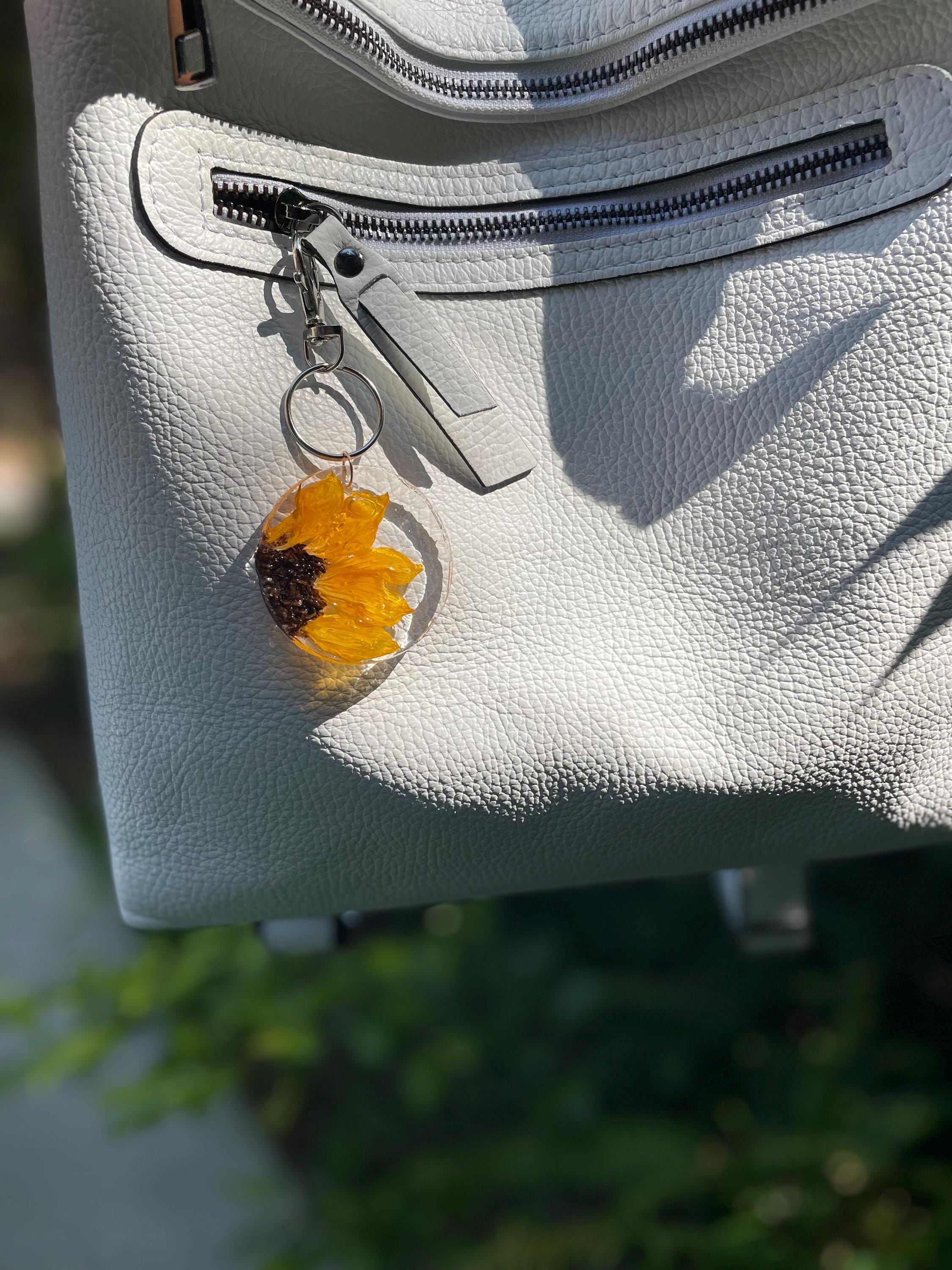 Real Sunflower Purse Charm Resin: Rustic Yellow Floral Keychain | Nature Lover Gift