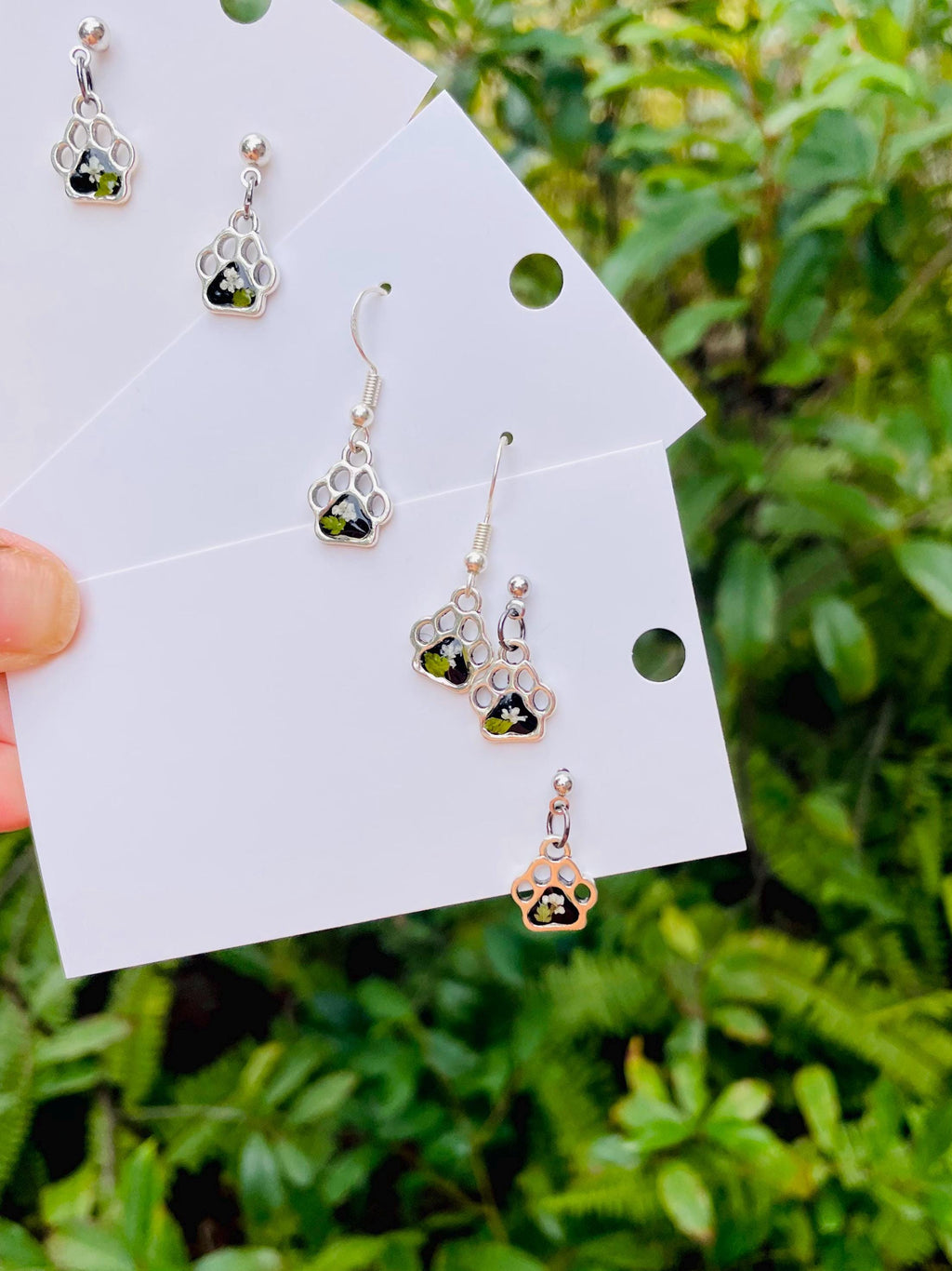 Tiny Paw Print Post Earrings: Birthstone Personalized Silver Pet Jewelry with Real Pressed Flowers