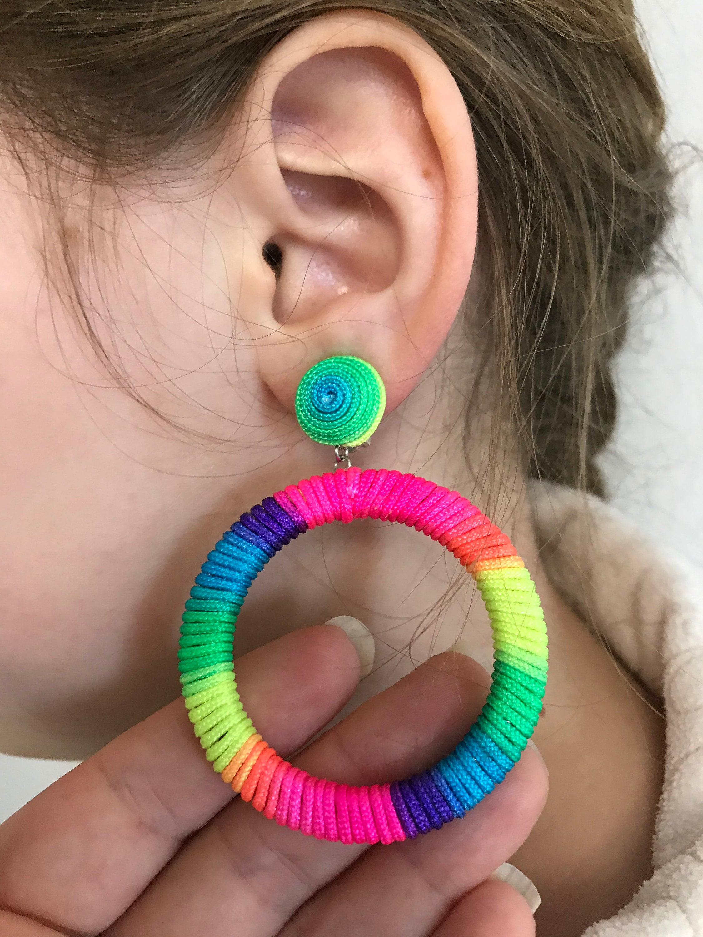 Rainbow colorful Oversize hoop earrings, big hoops clip on, statement laser cut wooden studs~trendy fashion jewelry, Christmas gifts for mom