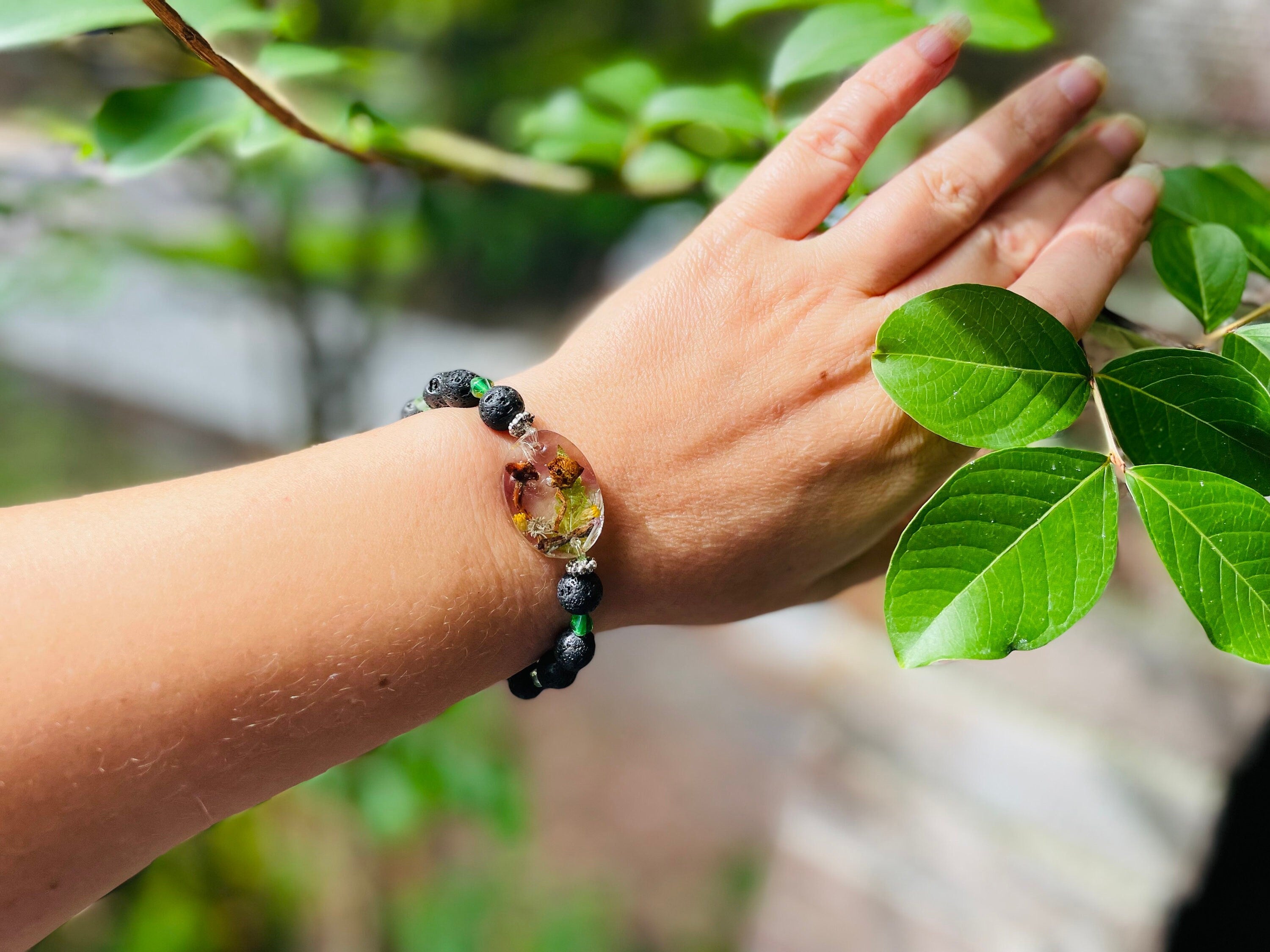 Mens Lava Stone Bracelet: Real Mushroom, Moss & Fern - Cottagecore Gift