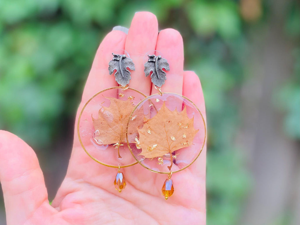Autumn Leaf Resin Earrings: 14K Gold Filled or Sterling Silver, Handmade Chandeliers Citrine