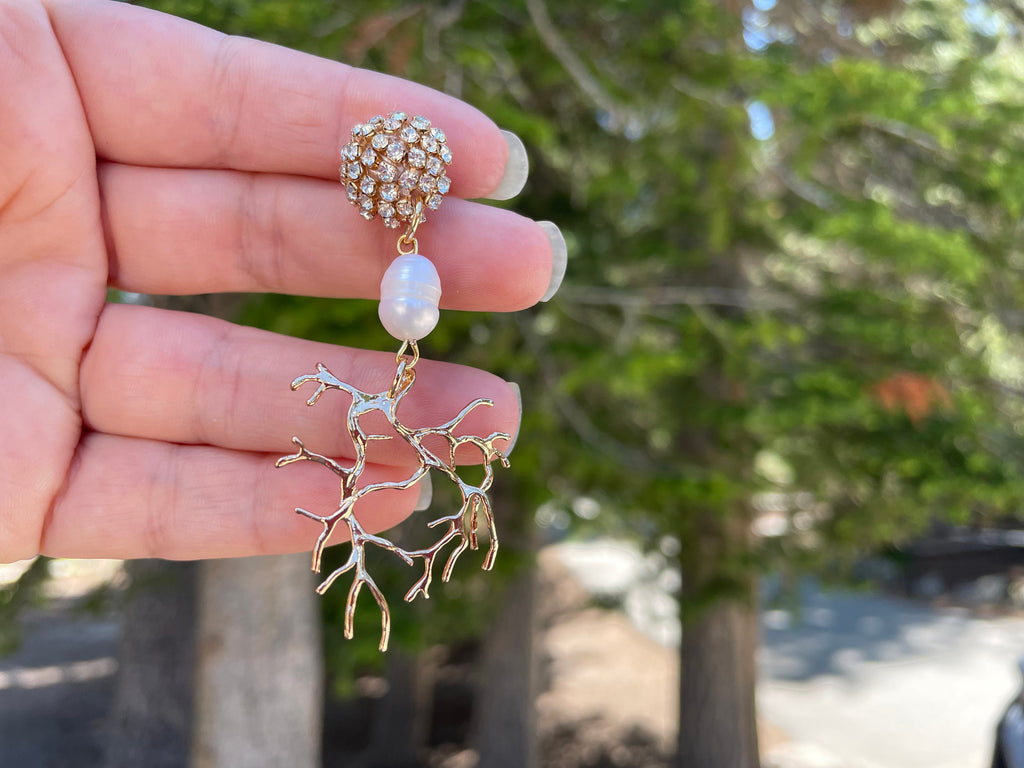 Gold Coral Branch Chandelier Earrings: Baroque Pearl Rhinestone Clip-Ons