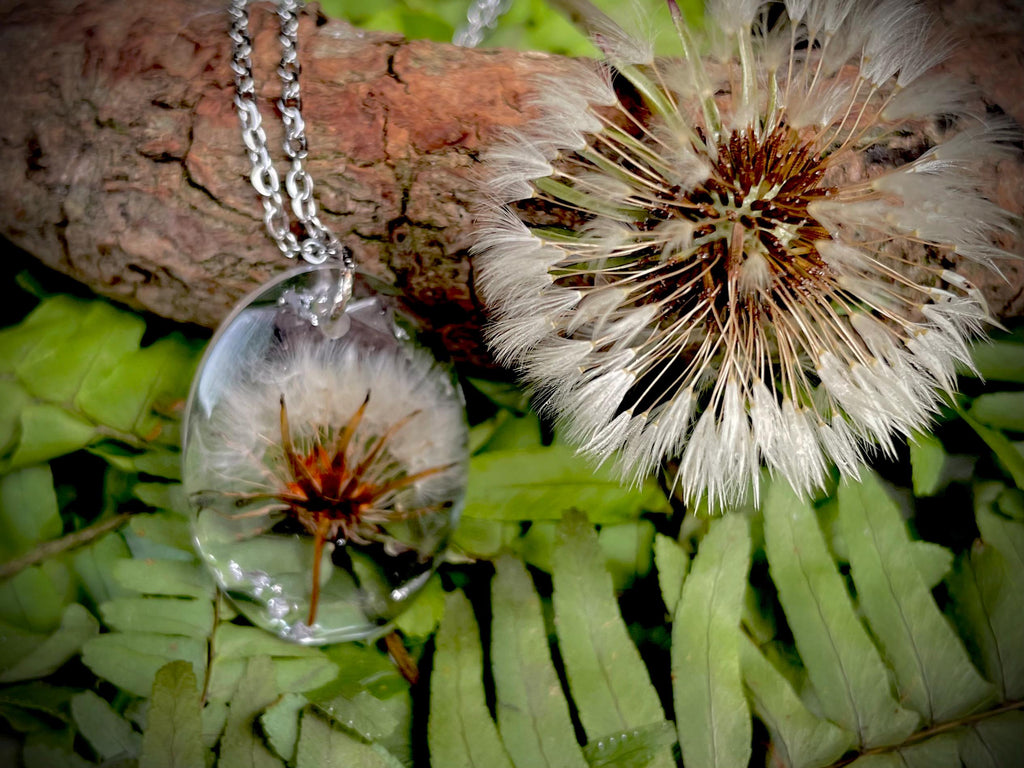 Custom Birthstone Dandelion Necklace: Resin Boho March Birth Month Flower Jewelry