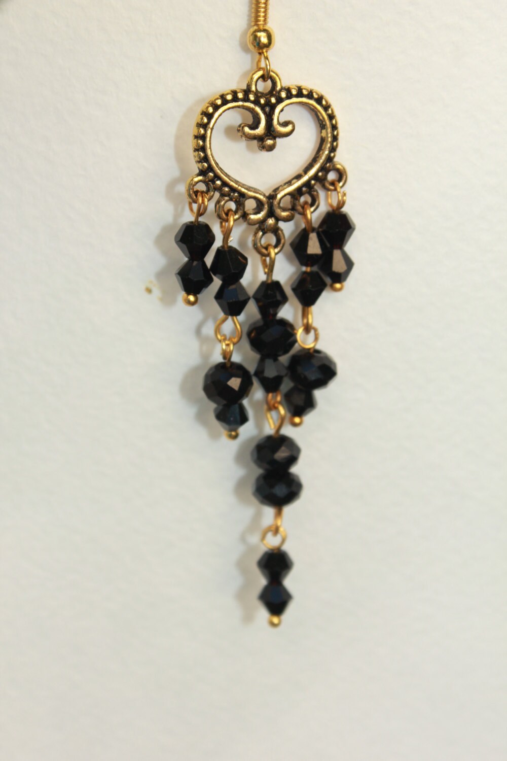 Mothers Day gift, Gold and black Heart earrings, long chandelier earrings, romantic gift for girlfriend wife, bohemian beaded earrings mom