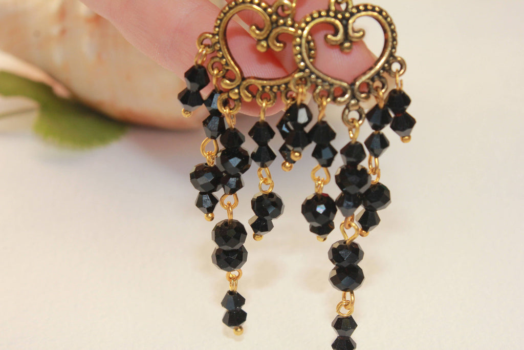 Mothers Day gift, Gold and black Heart earrings, long chandelier earrings, romantic gift for girlfriend wife, bohemian beaded earrings mom