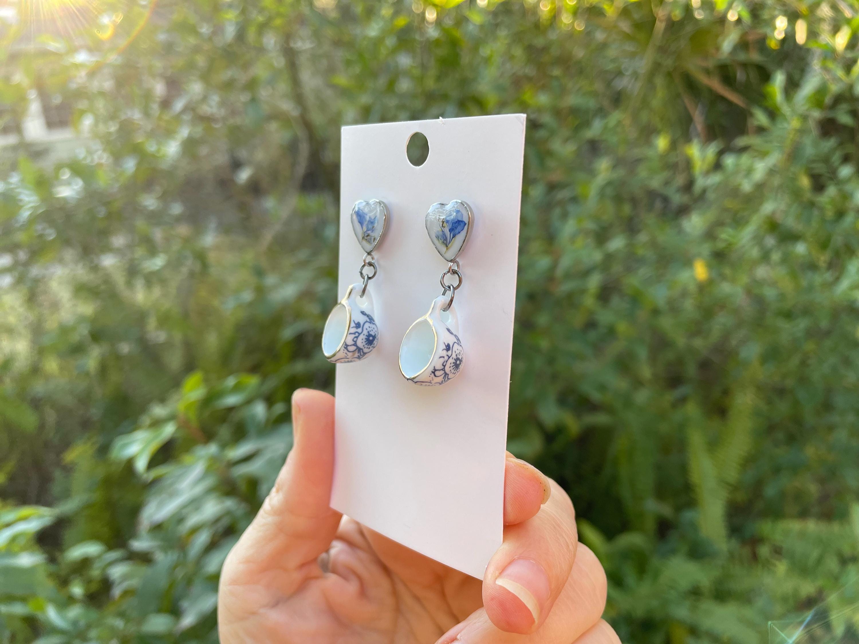 Tea Cup Dangle Earrings: Pressed Flower Heart, Blue & White Porcelain Studs 20th Anniversary