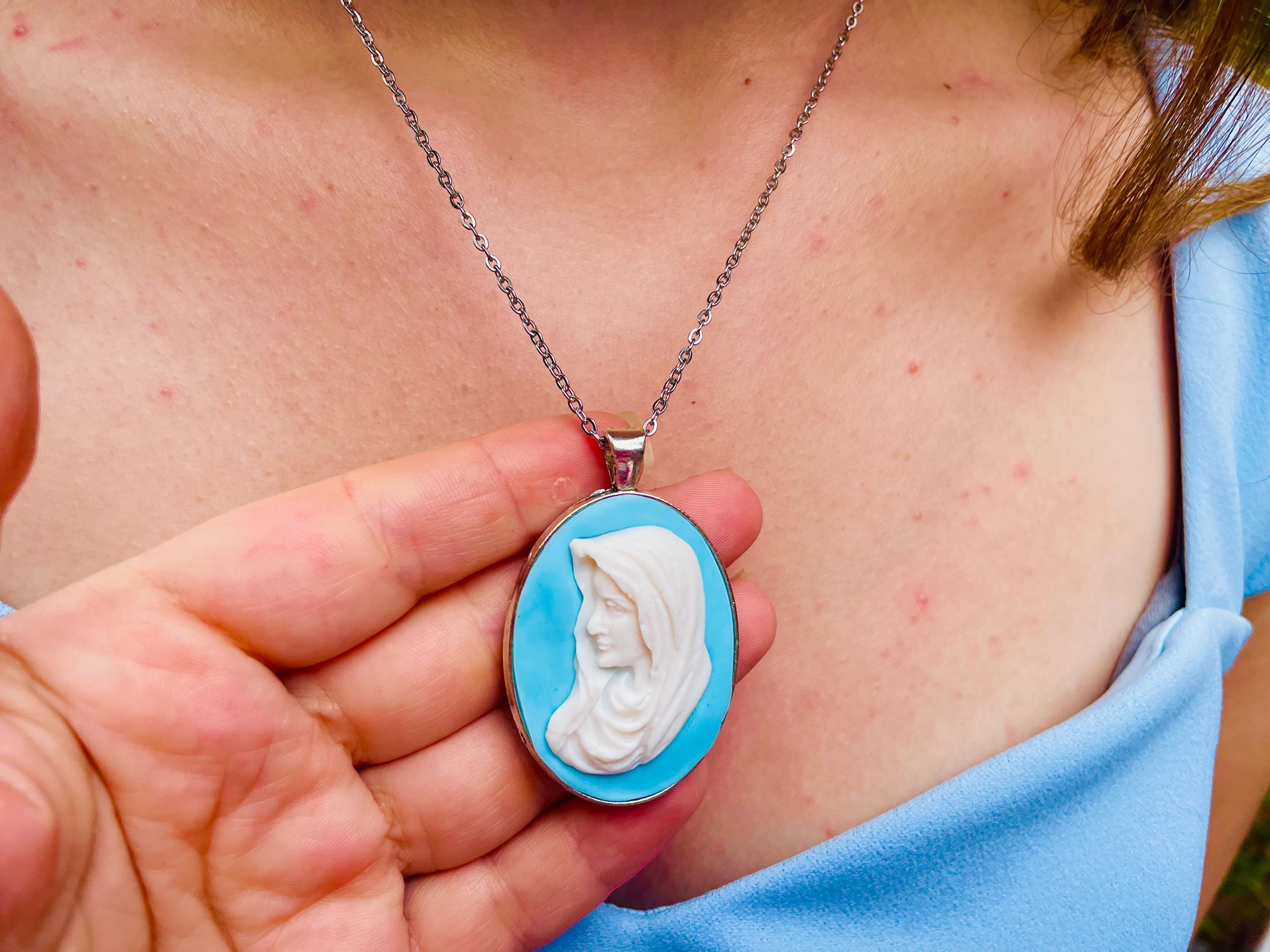 Handmade Virgin Mary Cameo Necklace: Catholic Gift with Birthstone