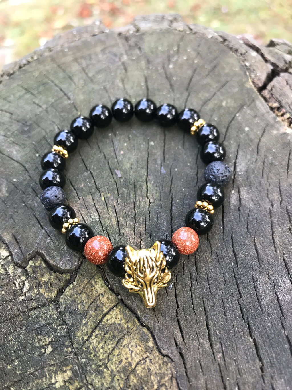 Christmas gift for him, black beaded bracelet with gold Wolf charm for men, lava diffuser bracelet anniversary present for boyfriend brother