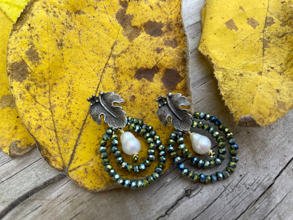 Leaf earrings stud,  Unique handmade earrings, green Swarovski crystal statement earrings, hoop earrings dangle, baroque pearl earrings mom