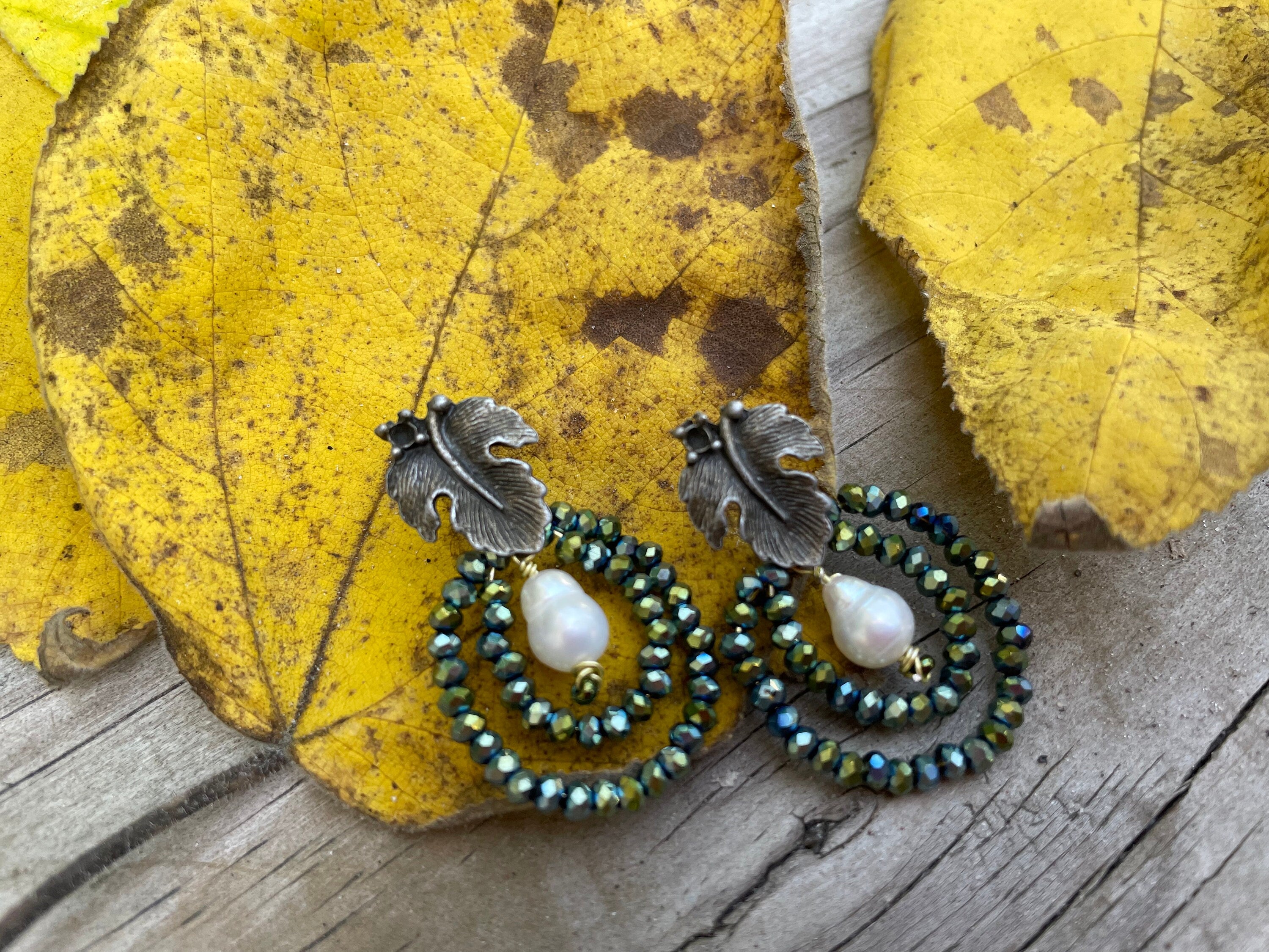 Leaf earrings stud,  Unique handmade earrings, green Swarovski crystal statement earrings, hoop earrings dangle, baroque pearl earrings mom