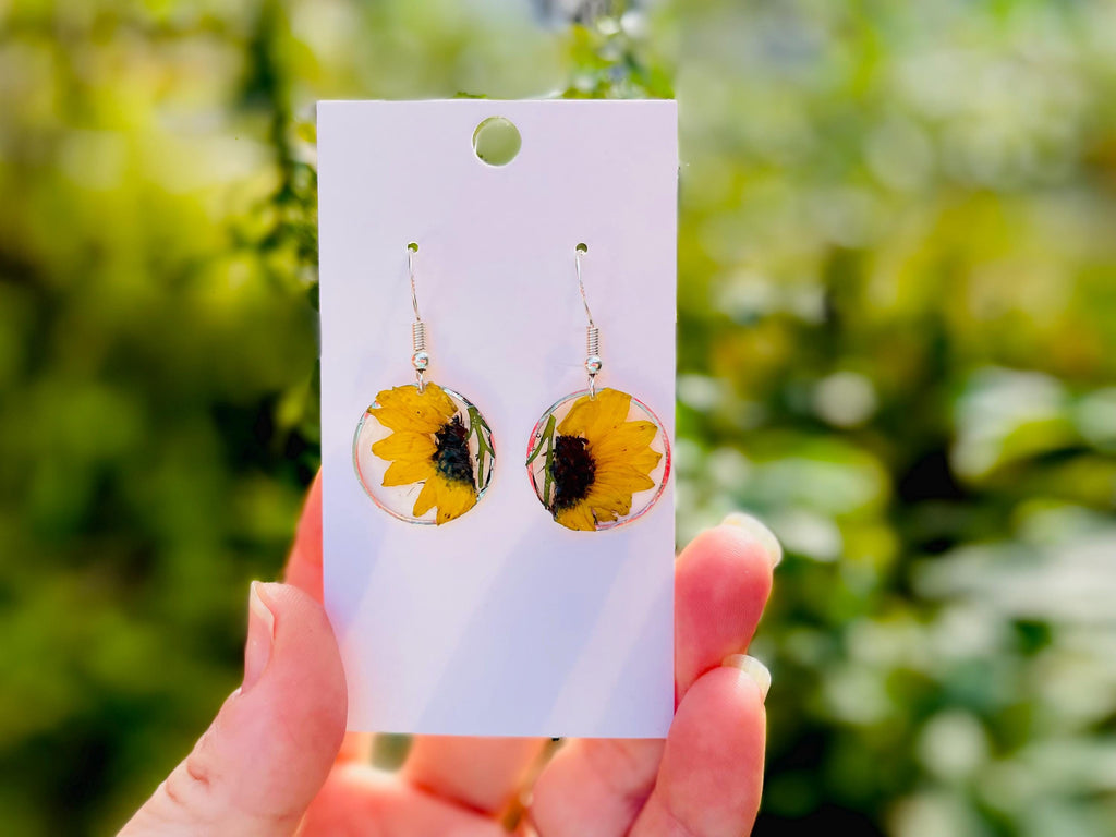 Real Pressed Sunflower Earrings: Sterling Silver Dangle Resin Jewelry