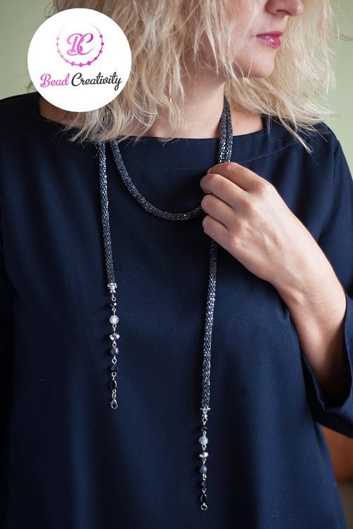Hematite Bead necklace, Beaded Layered Lariat Necklace Choker Gift For Her, Crochet Lariat Rope, Bohemian jewelry for her, crystal lariat