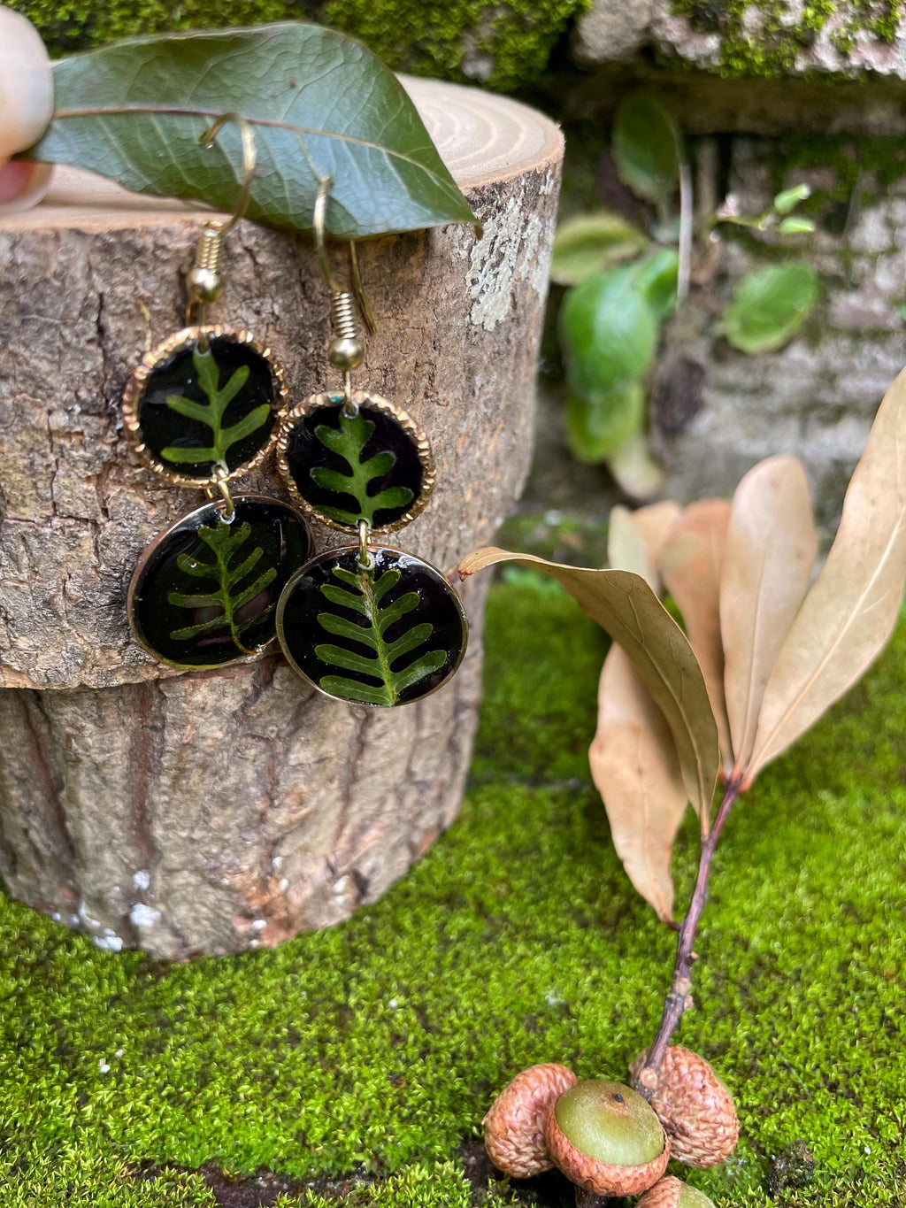 14K Gold Fern Earrings: Real Leaf Dangle Earrings, Botanical Jewelry Black