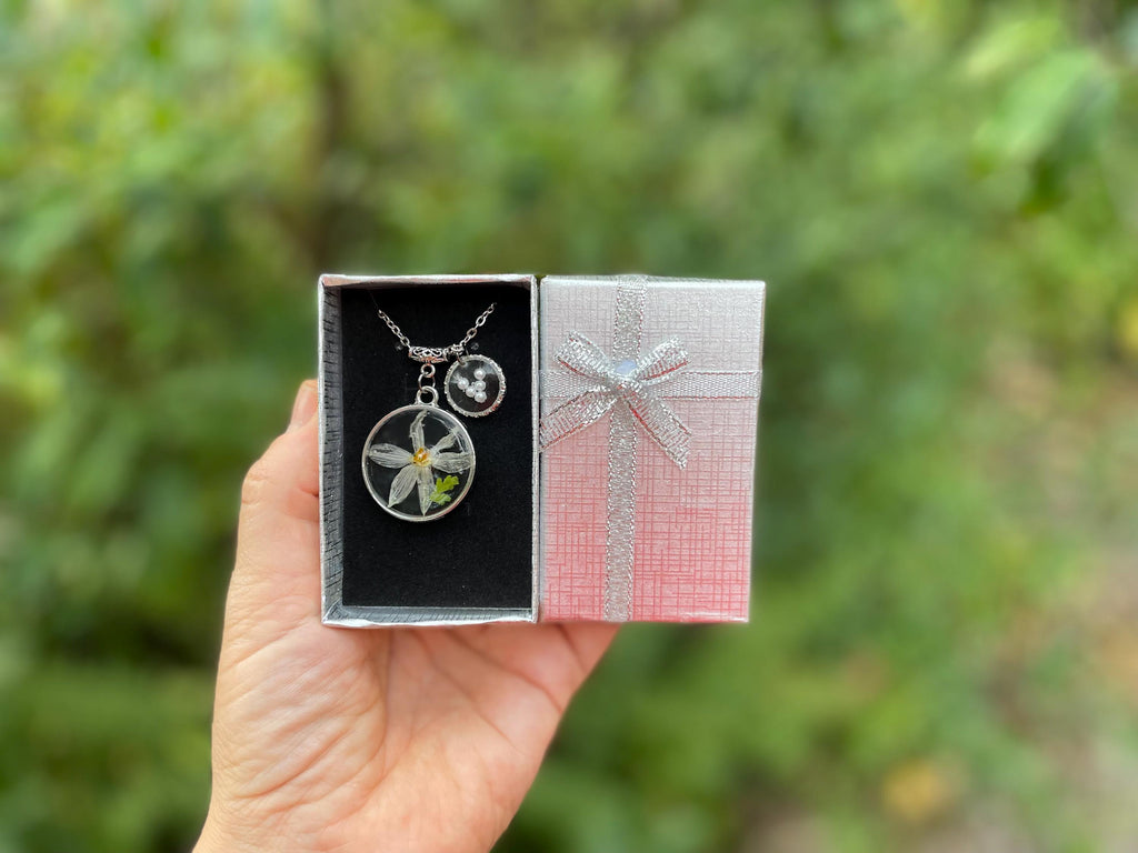 December Birth Flower Necklace: Handmade Narcissus, Personalized Initial, Pearl Resin Pendant