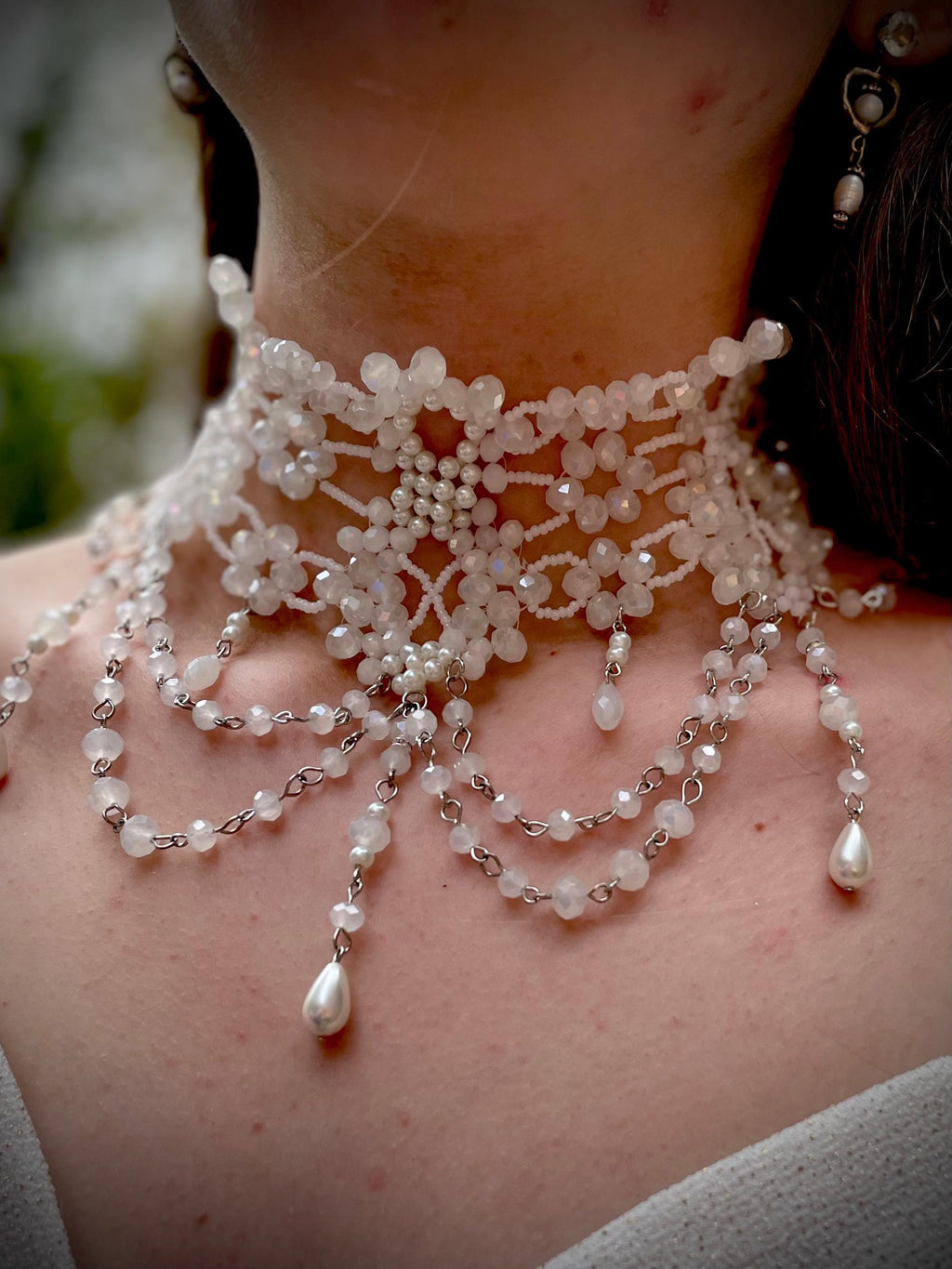 Pearl Lace Bridal Choker: Crystal Beaded Wedding Necklace Collar