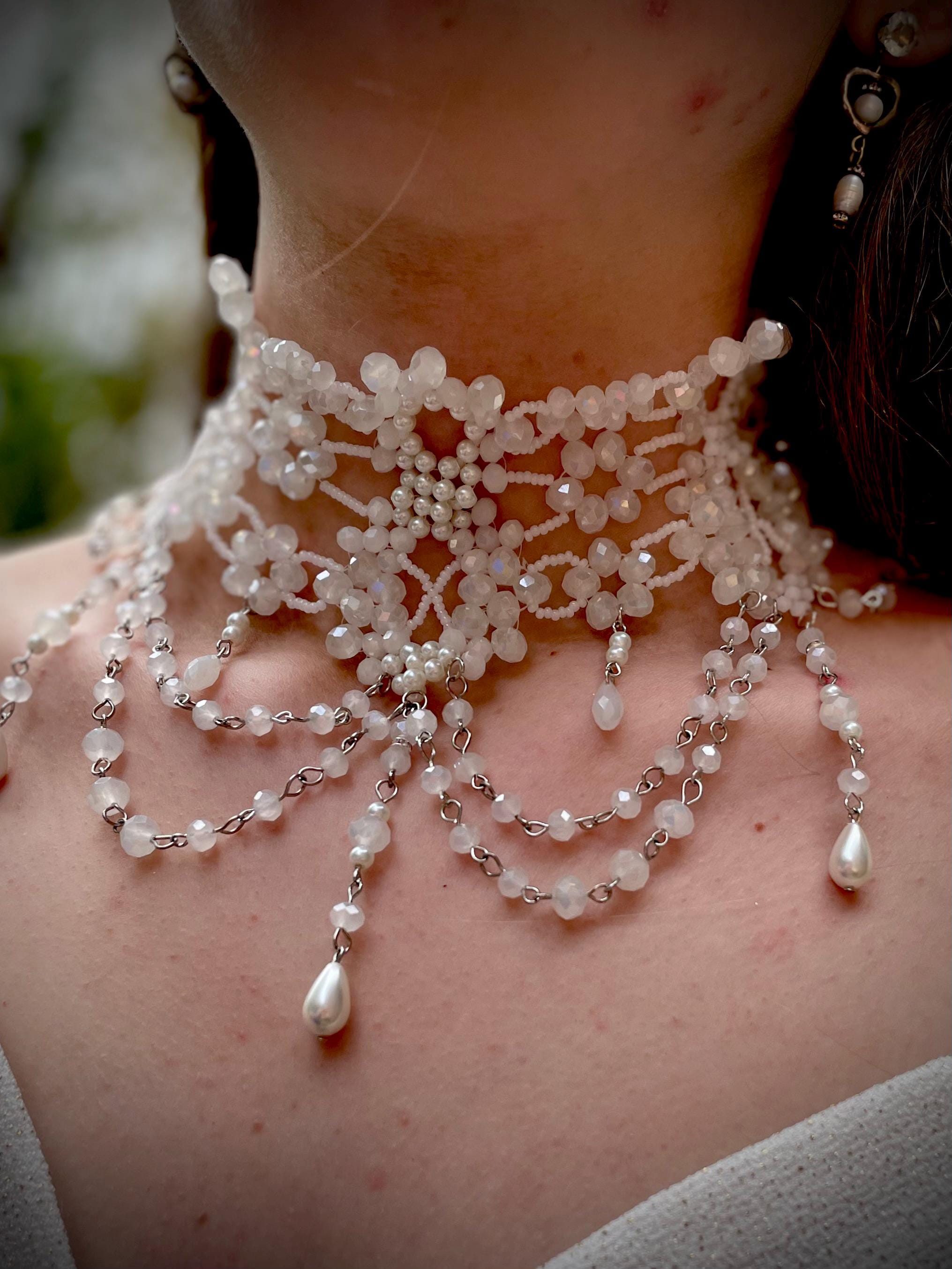 Pearl Lace Bridal Choker: Crystal Beaded Wedding Necklace Collar