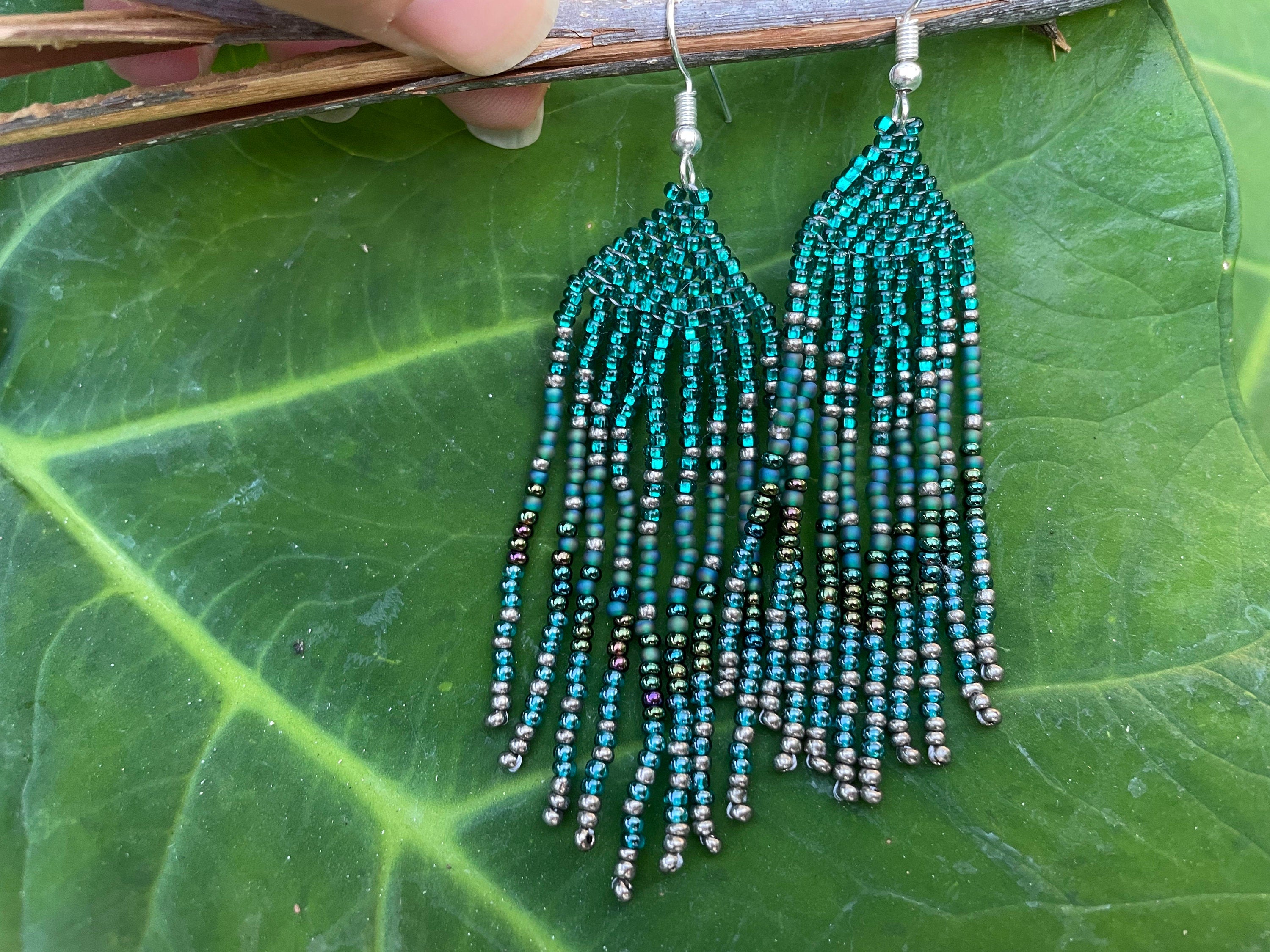 Patina Blue beaded Earrings Long Fringe Ombre Seed bead dangle earrings gift for her mom Chandelier Forest statement earrings