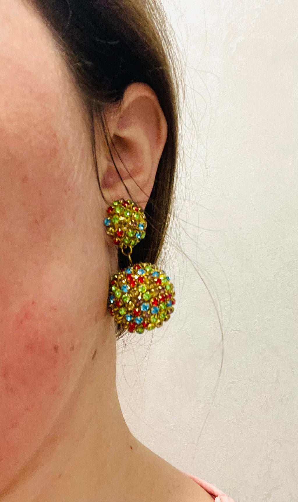 Rhinestone Disco Ball Drop Earrings: Gold Plated Clip On or Stud
