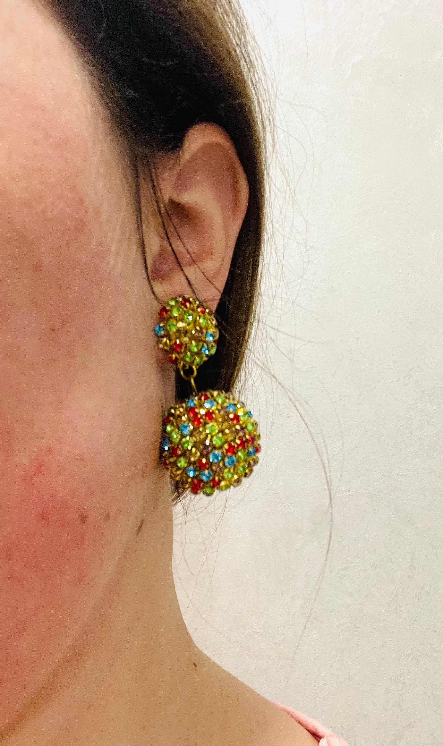 Rhinestone Disco Ball Drop Earrings: Gold Plated Clip On or Stud