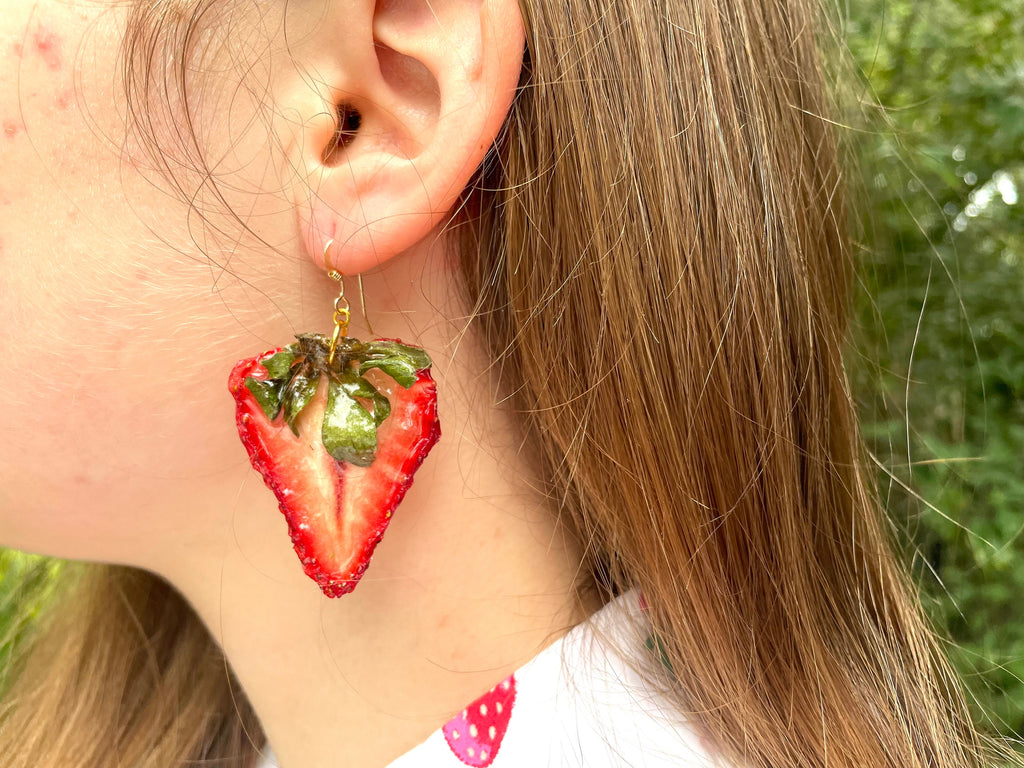 Real Strawberry Earrings Resin: 14K Gold Filled Red Fruit Jewelry for Galentine Day