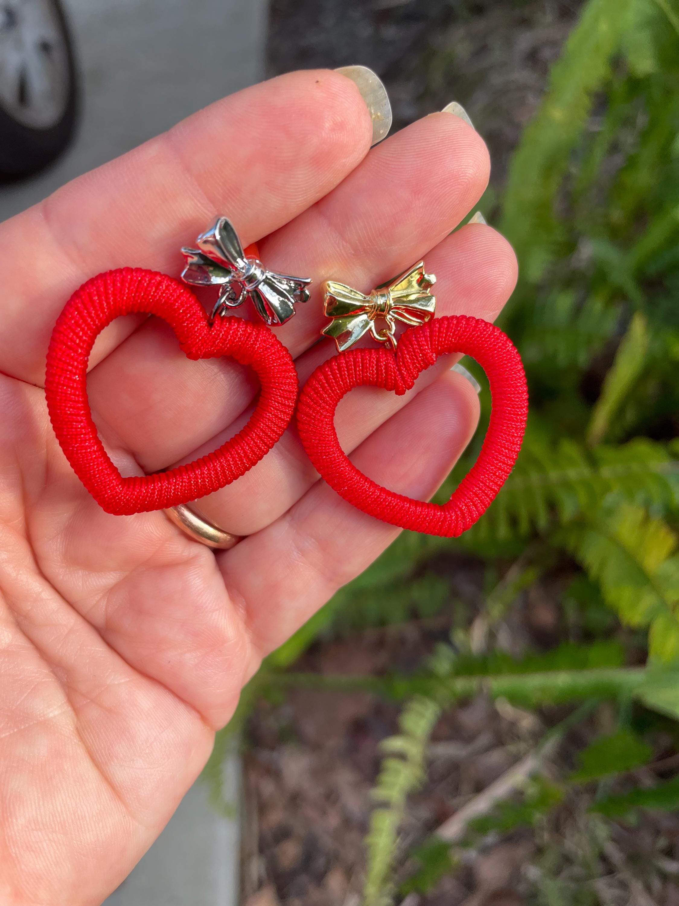 Red Heart Earrings: Silk Wrapped Bow Studs, Romantic Jewelry