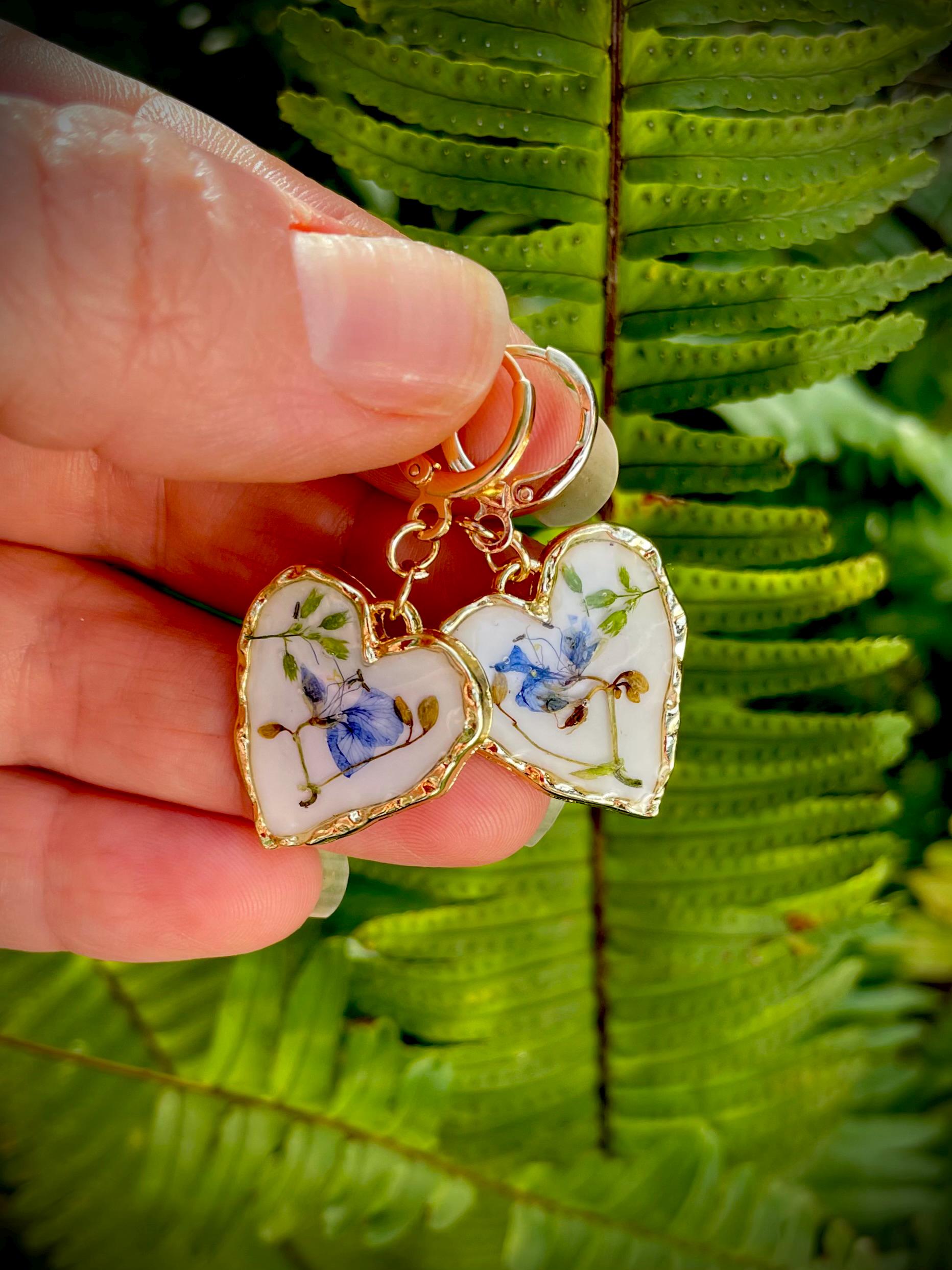 14k Gold Earrings Heart: Porcelain Like Huggie Earrings, Real Blue Flowers