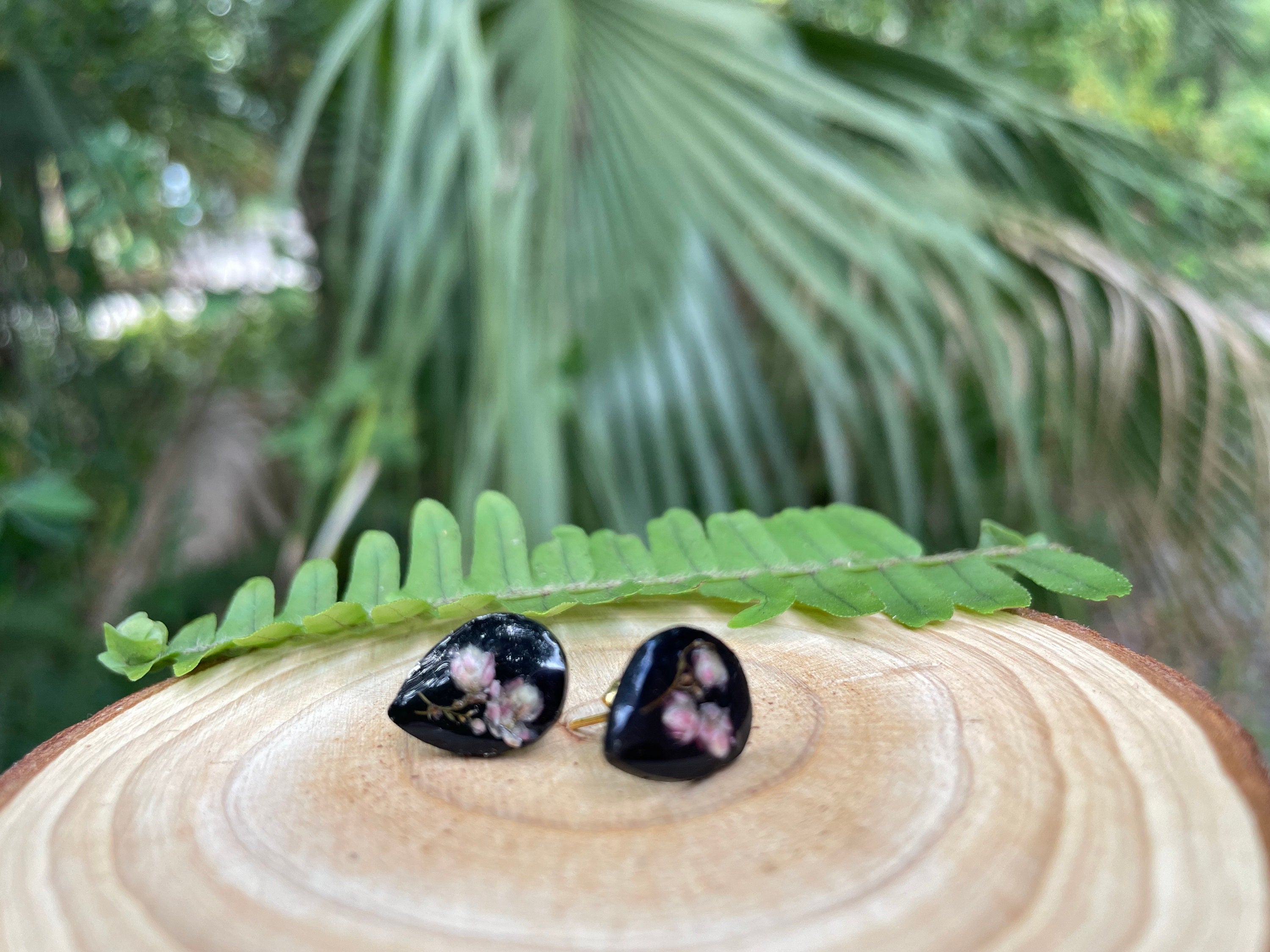Dainty minimalist teardrop black pink flower resin earrings studs and necklace jewelry set unique holiday gift for best friend 21 birthday