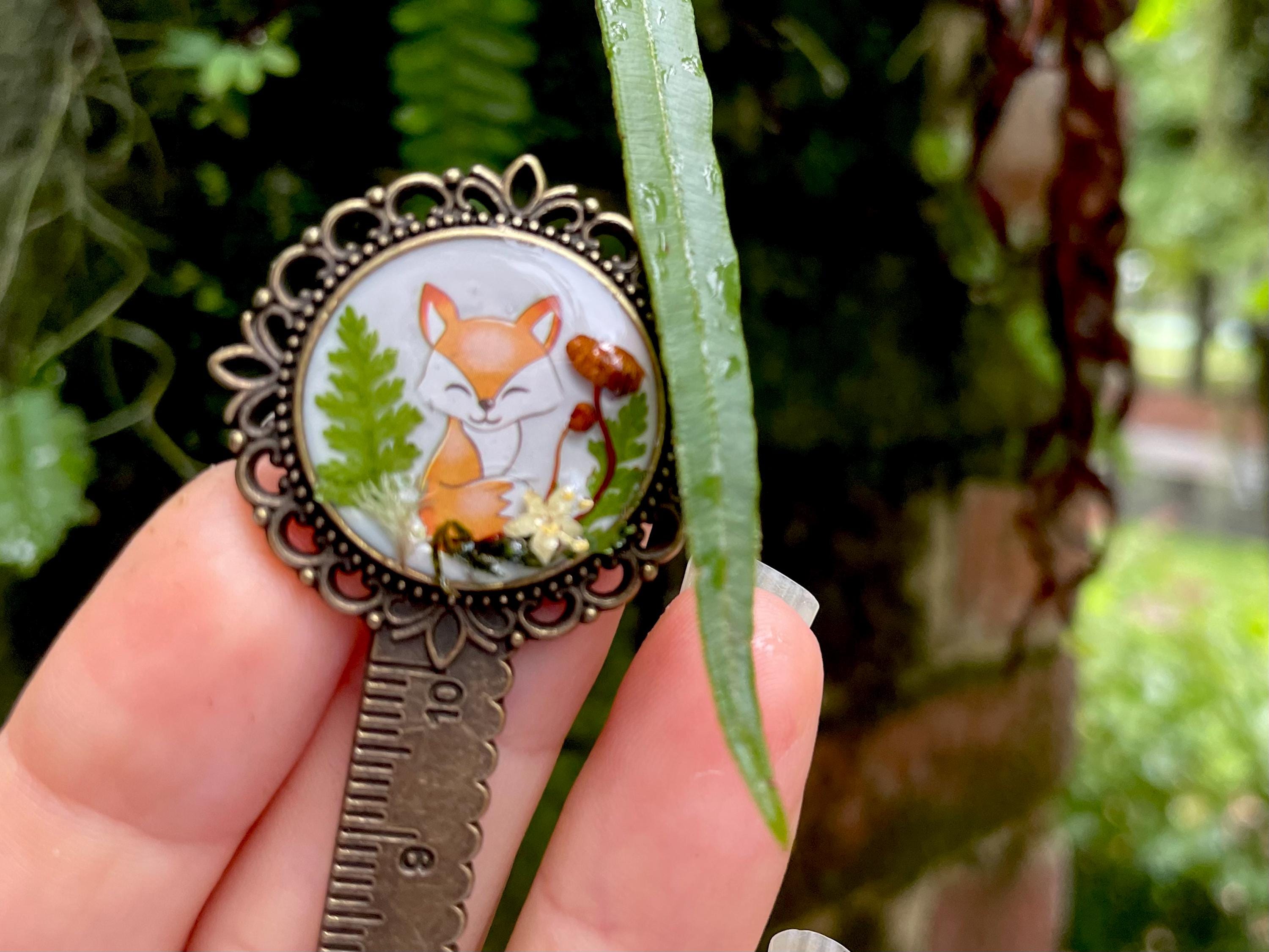 Bronze Metal Fox Bookmark with real Mushrooms Fern and Pressed Flowers - Woodland Style Bookish Gift