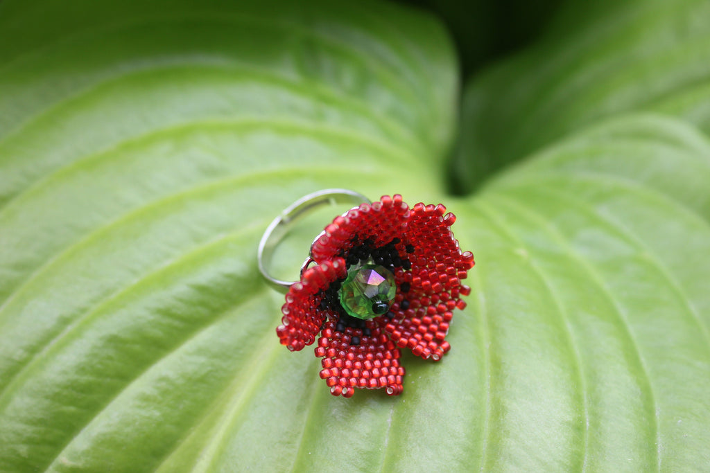 Valentine gift flower ring, red poppy jewelry, big floral rings quirky, nature jewelry for women, Birthday gifts for wife, present for mom
