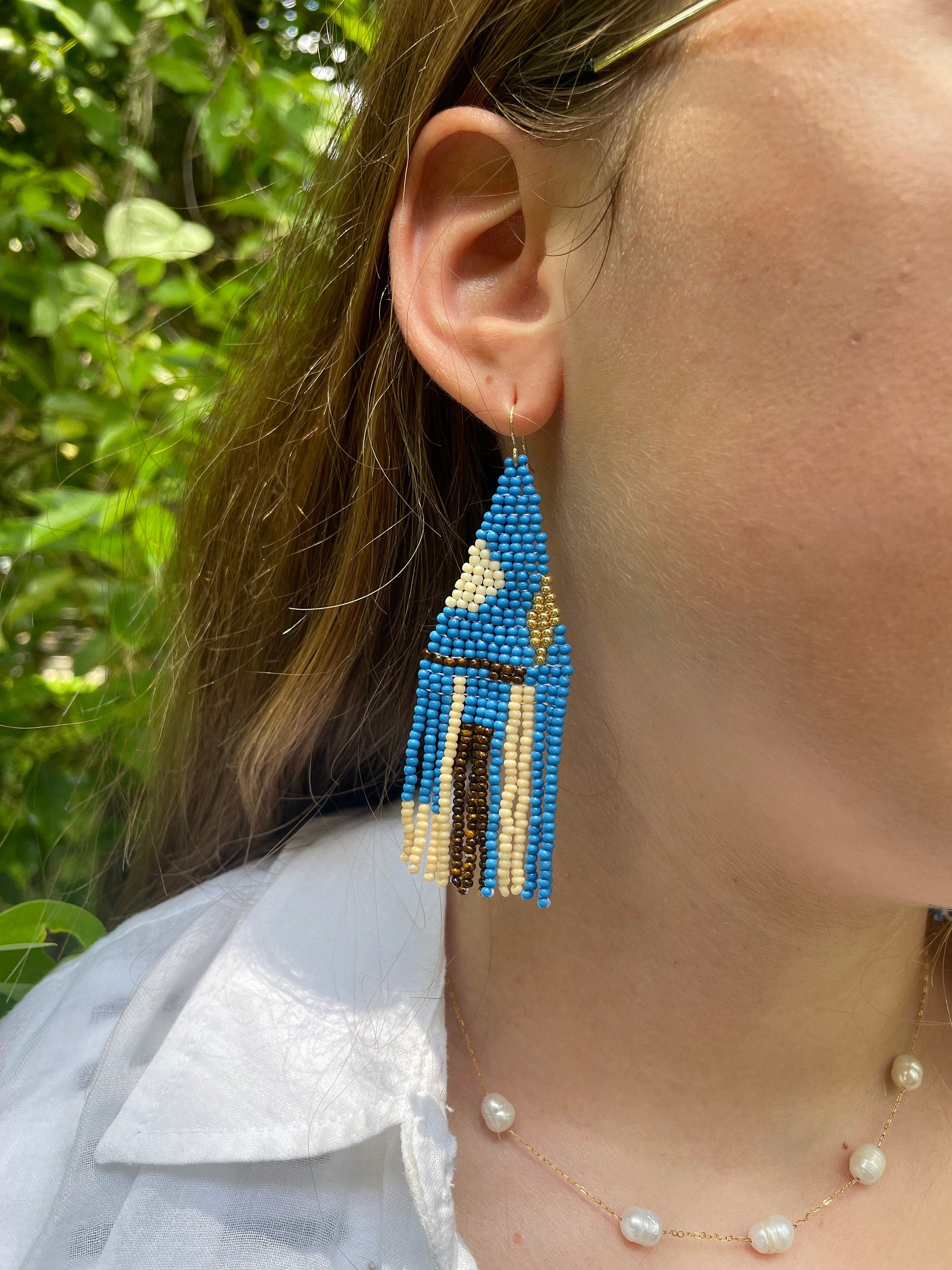 Gold Filled 14K Turquoise beaded earrings, Long earrings, Fringe earrings Native American Seed bead earrings, Abstract Chandelier earrings