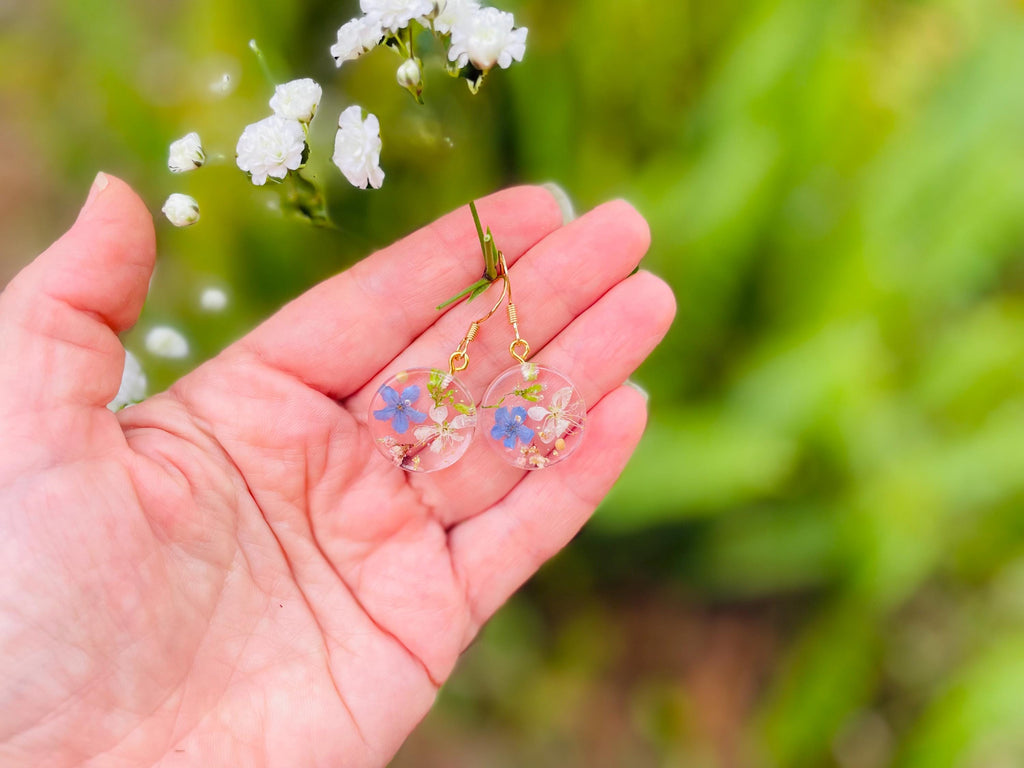 Real Pressed Flower Resin Earrings: Forget Me Not, Baby's Breath