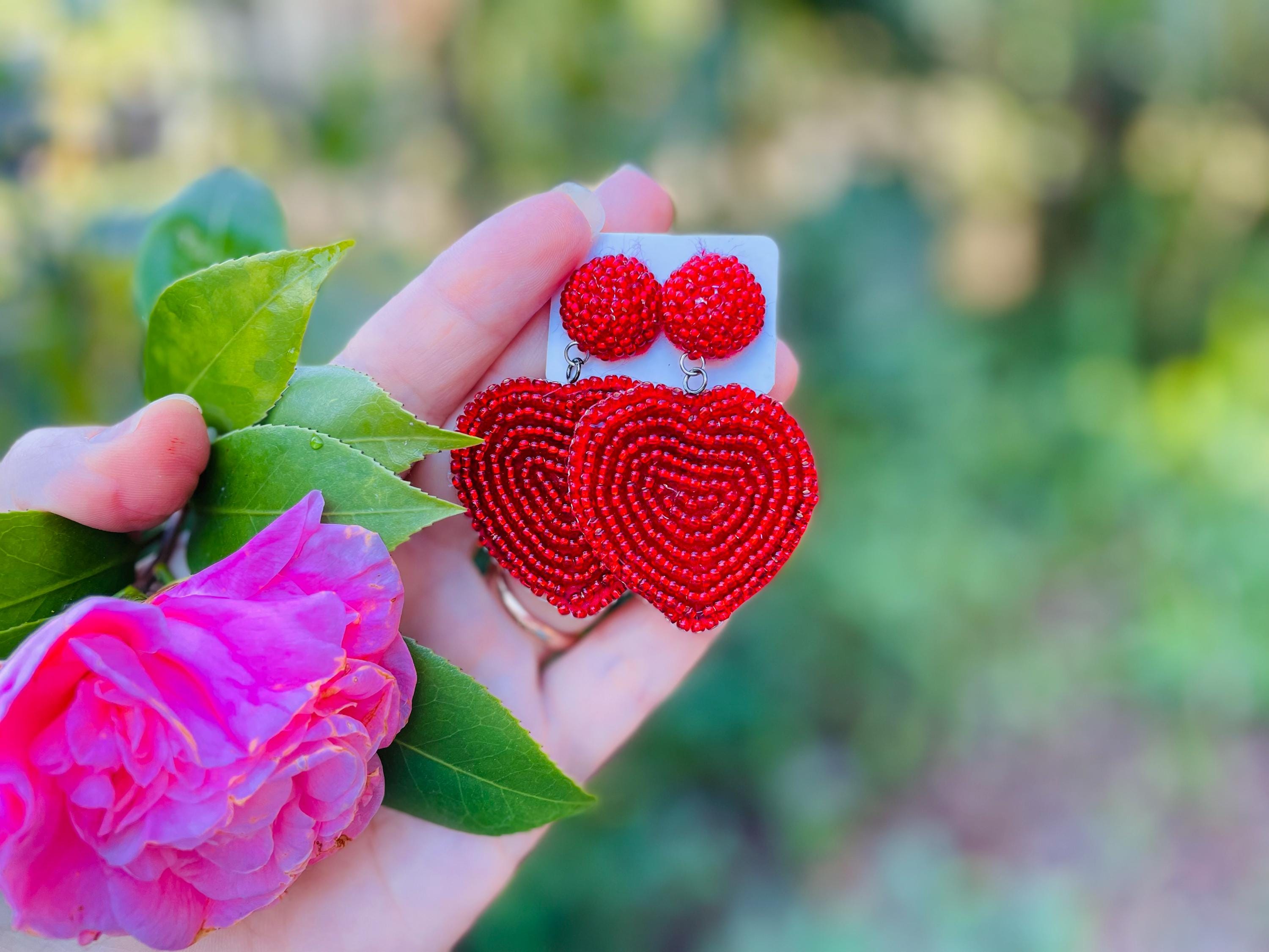 Valentines day heart earrings beaded | Red pink black big heart earrings clip on unique handmade valentines day gift for her wife girlfriend
