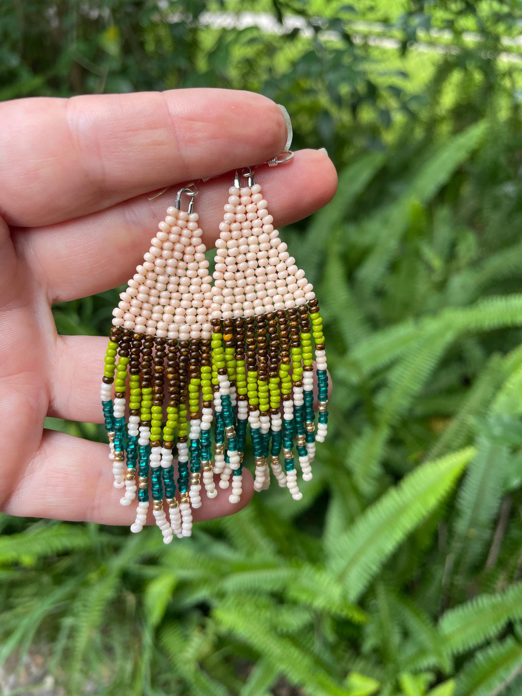 Earthy Seed Bead Fringe Earrings: Handmade Fall Jewelry Emerald Green Olive tassel