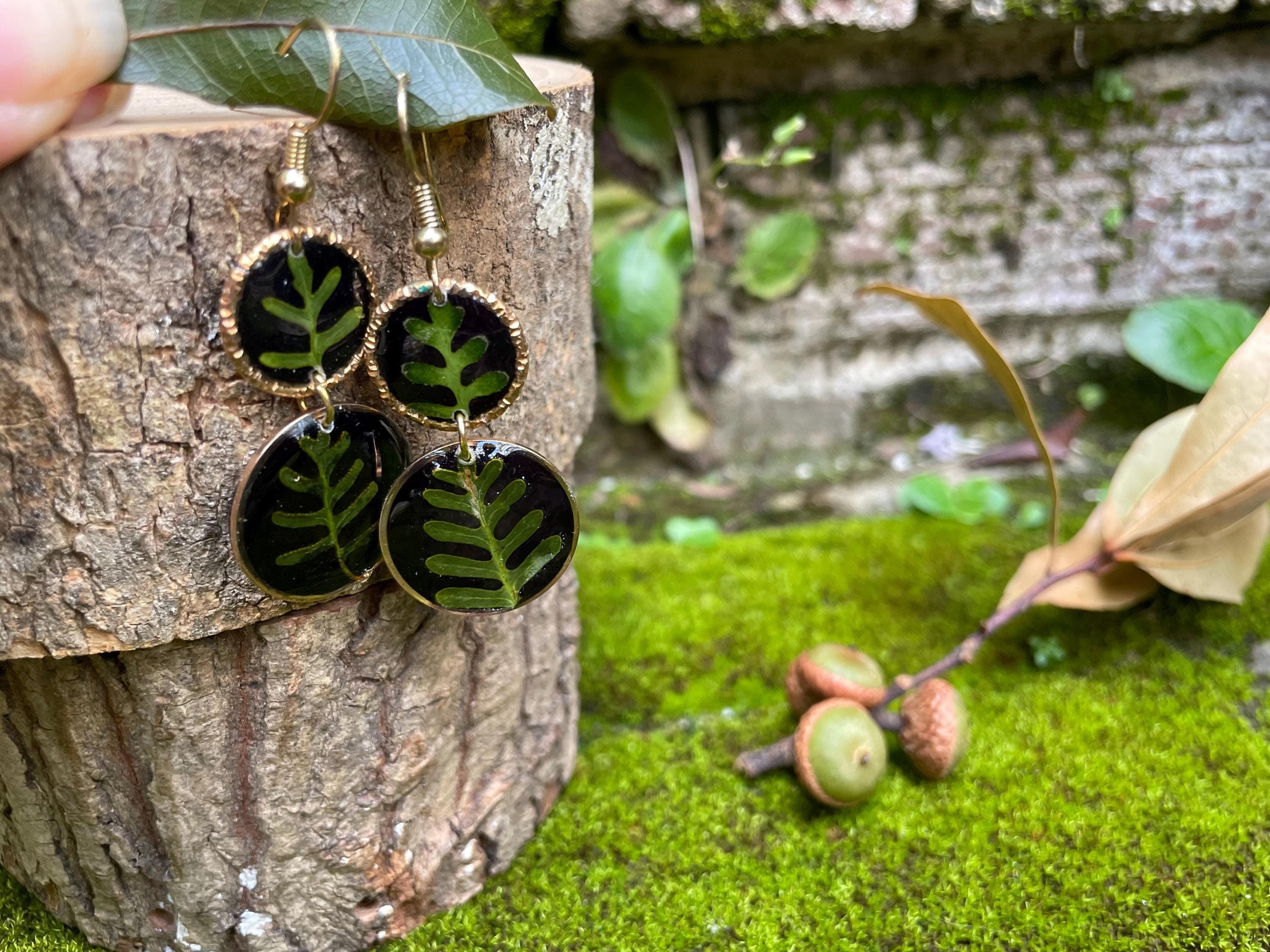 14K Gold Fern Earrings: Real Leaf Dangle Earrings, Botanical Jewelry Black
