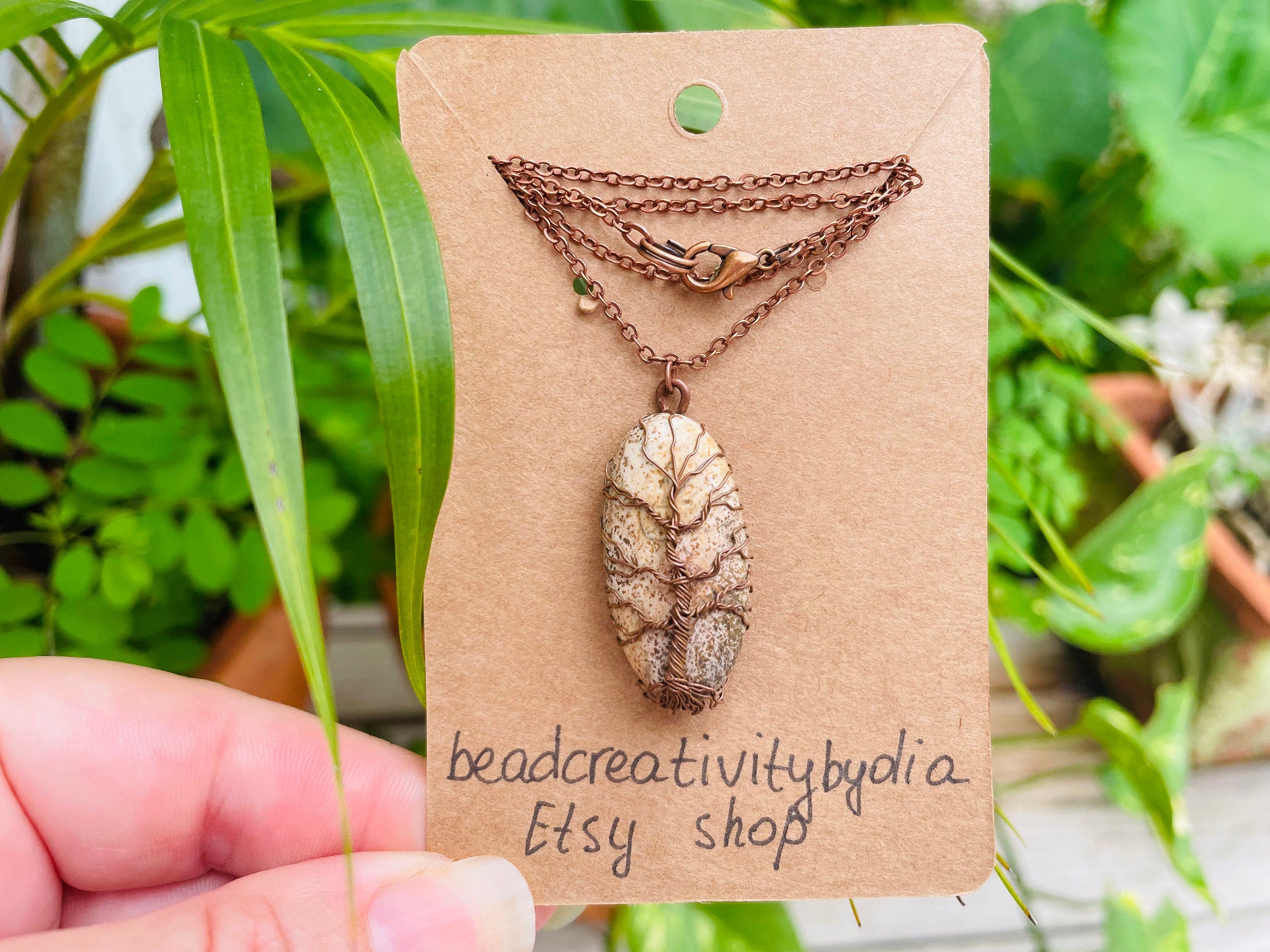 Dainty Copper Wire Wrapped Tree of Life Pendant Oval - Unique Picture Jasper Necklace for Men & Women