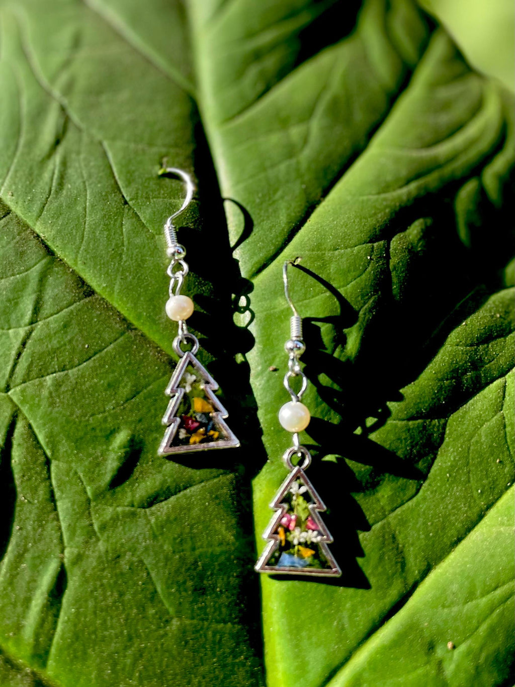 Fern Christmas Tree Earrings Silver: Real Pressed Flower Festive Stud Dangle Earrings Freshwater Pearl