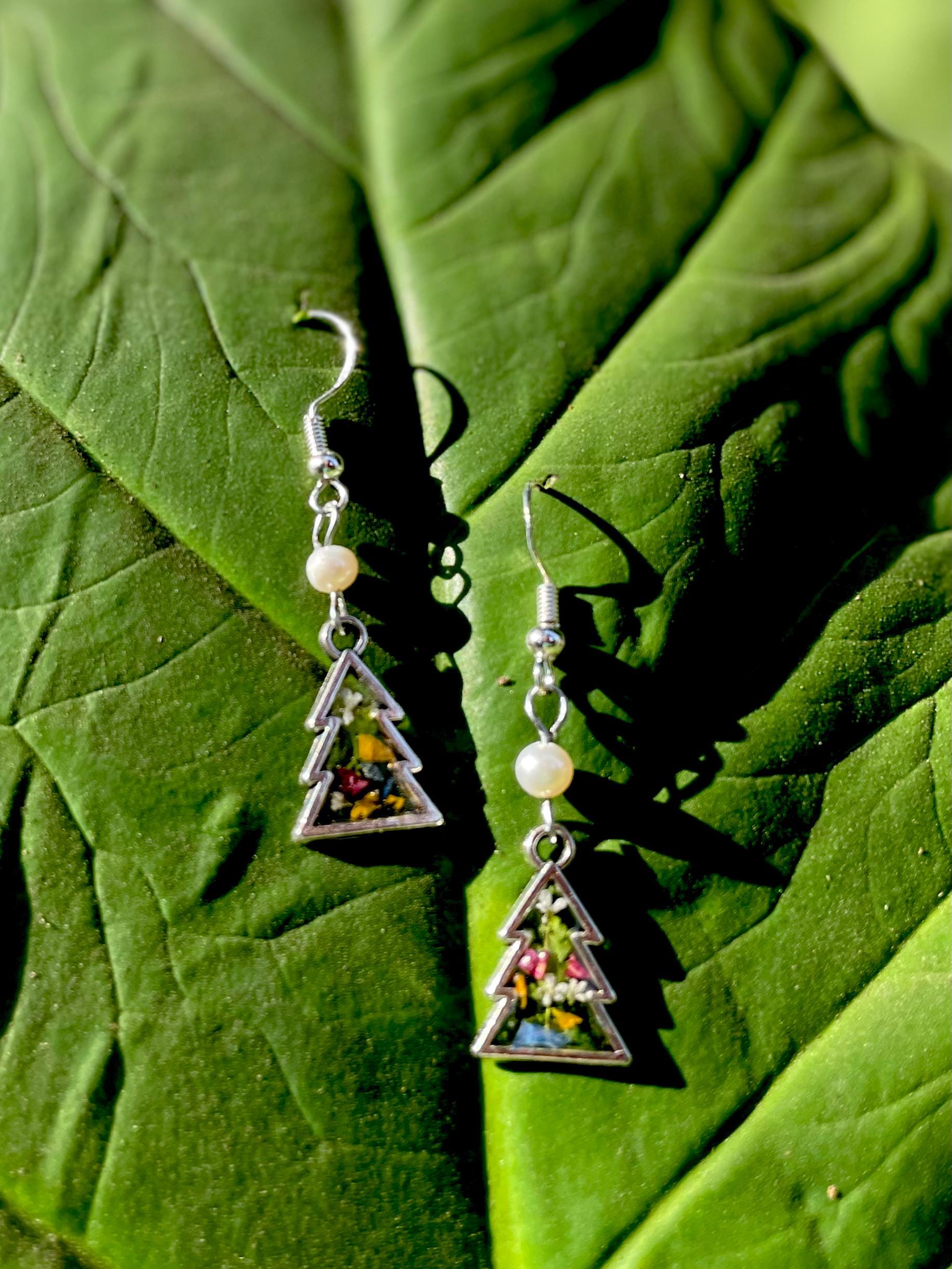 Fern Christmas Tree Earrings Silver: Real Pressed Flower Festive Stud Dangle Earrings Freshwater Pearl