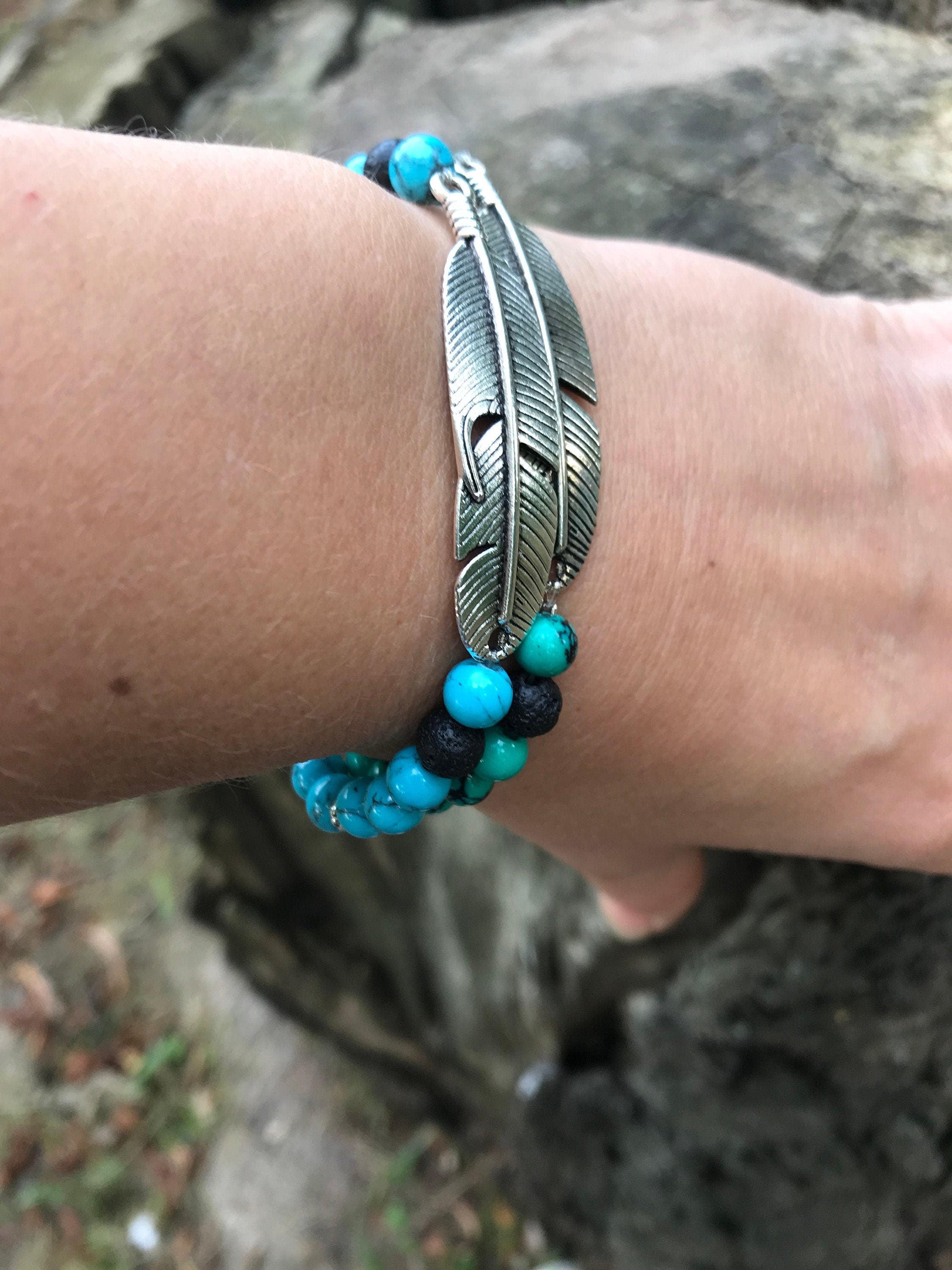 Feather Bracelet, Turquoise couple bracelet, Silver Feather Bracelet for Men or Women, friendship bracelet, Christmas gifts for him husband